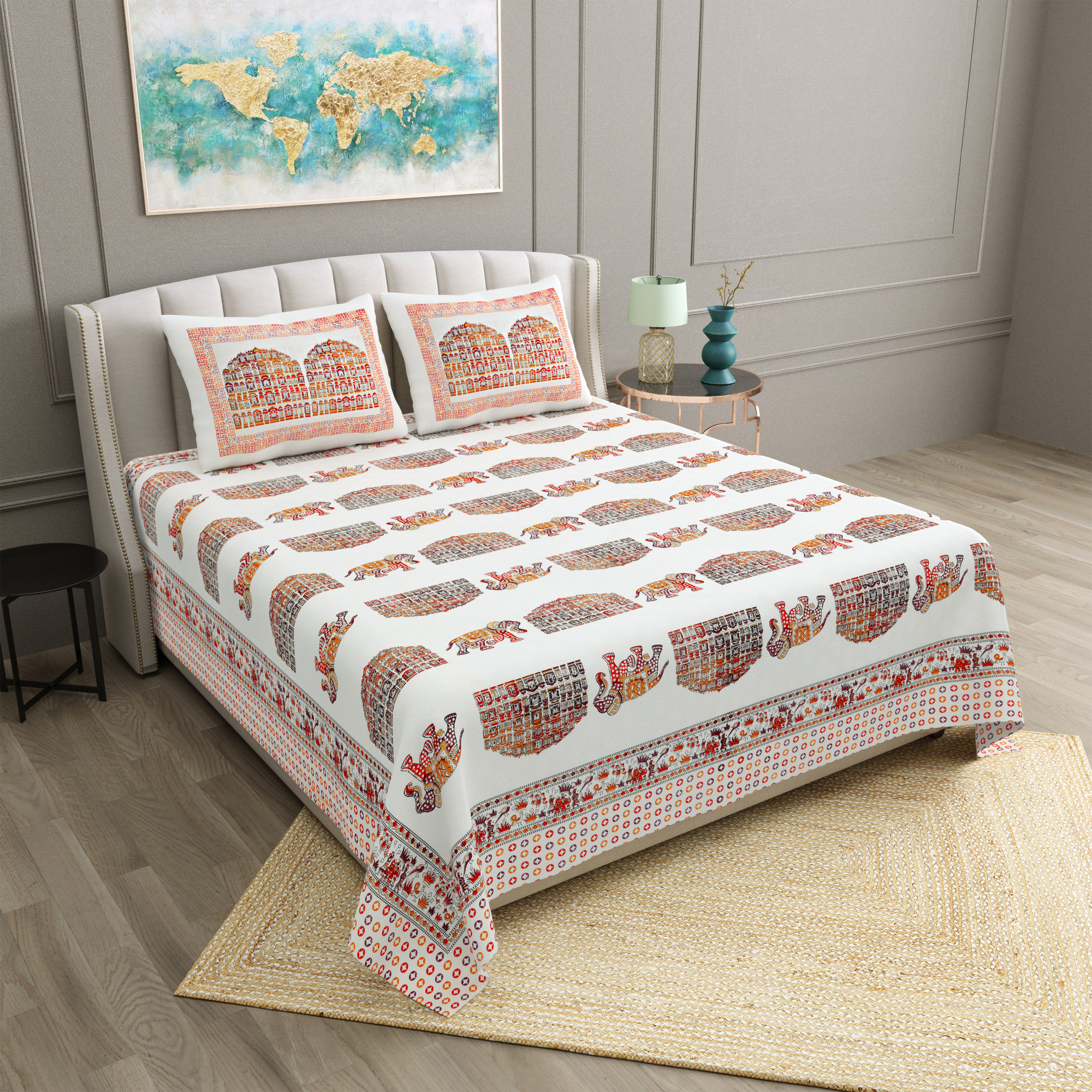 Maroon  Beige Ethnic 240 TC Pure Cotton Double Bedsheet with 2 Pillow Covers