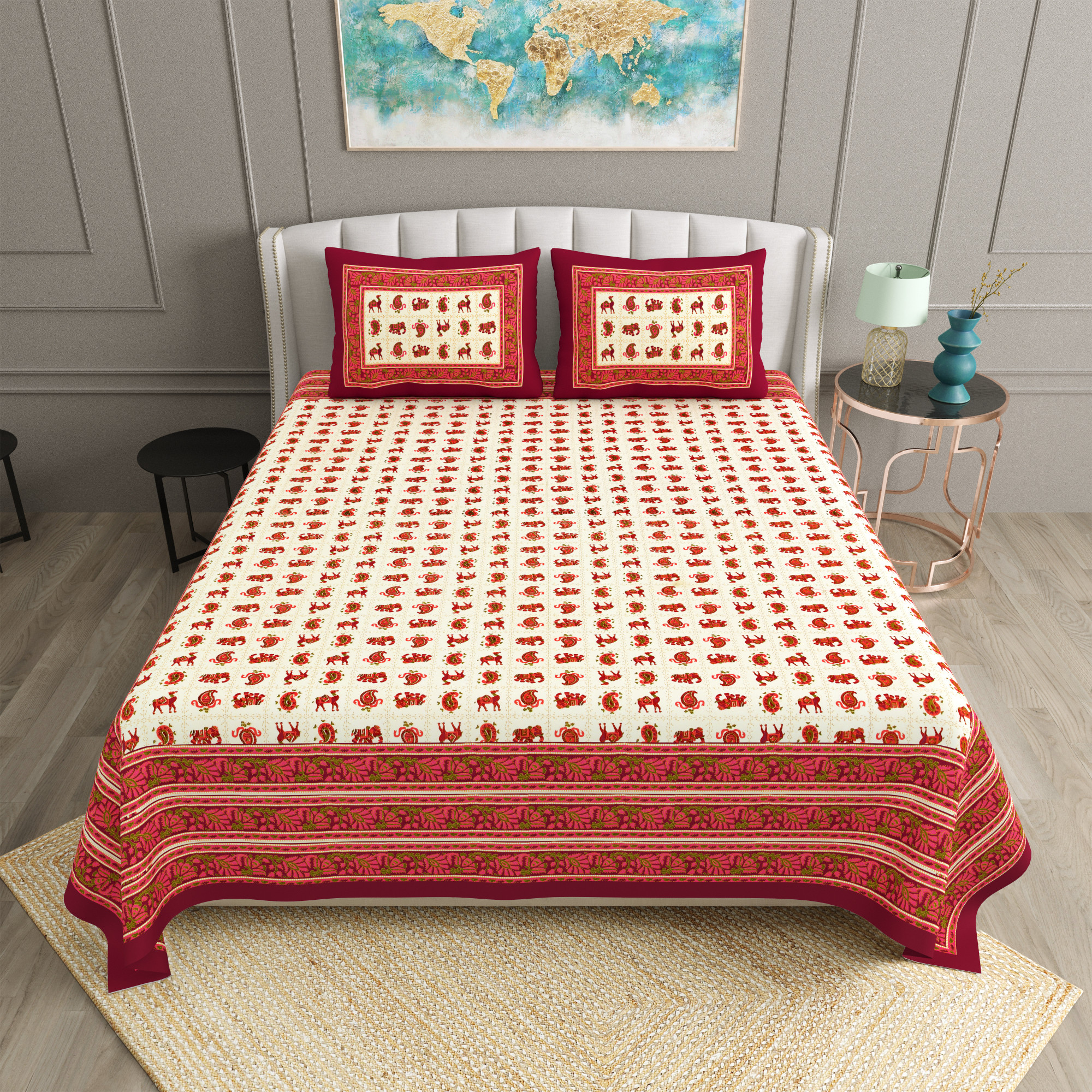 Maroon Beige Ethnic 240 TC Pure Cotton Double Bedsheet with 2 Pillow Covers