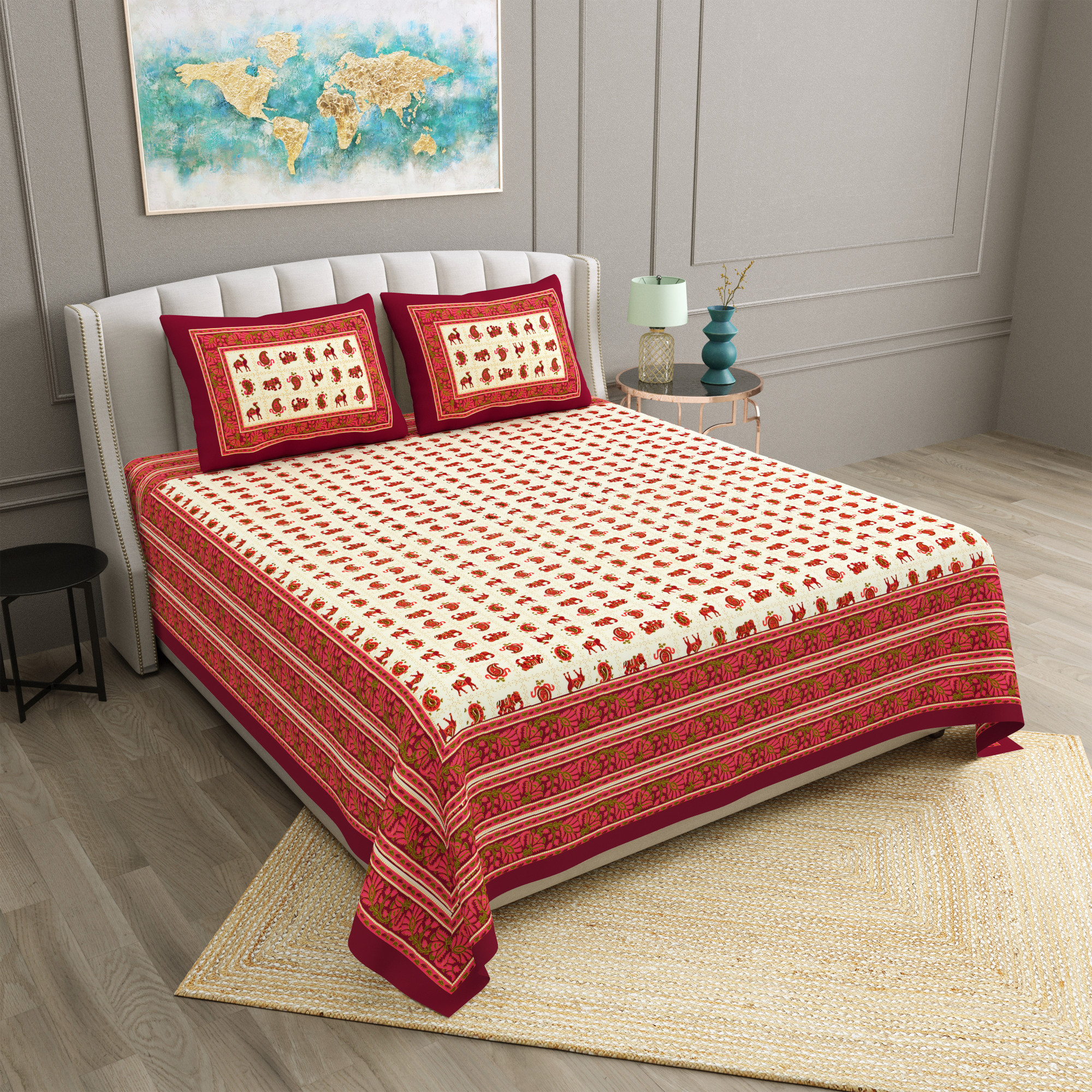 Maroon Beige Ethnic 240 TC Pure Cotton Double Bedsheet with 2 Pillow Covers