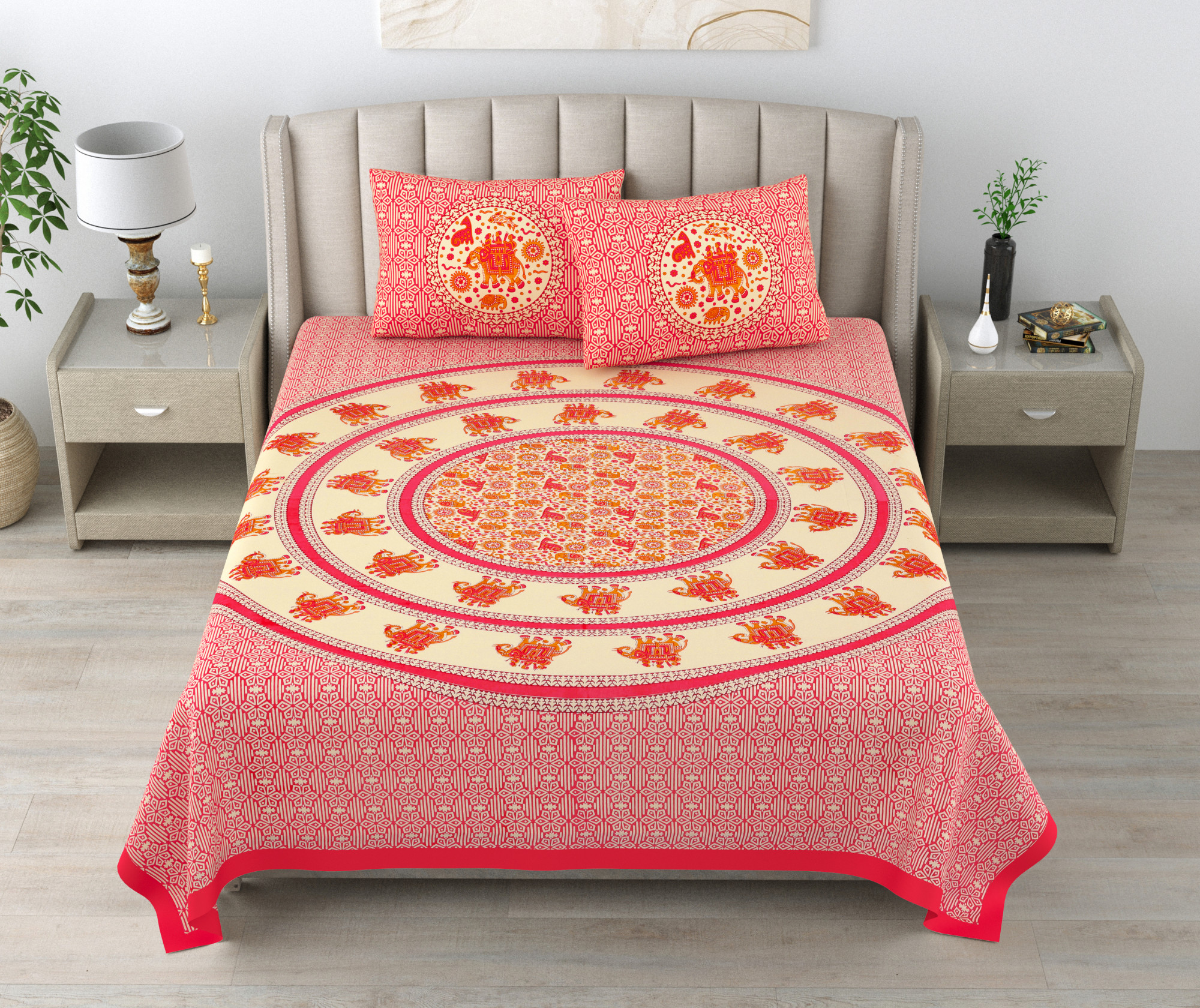 Indian Traditional Elephant Safari 100 Pure Cotton King-Size Bedsheet with 2 Pillow Covers