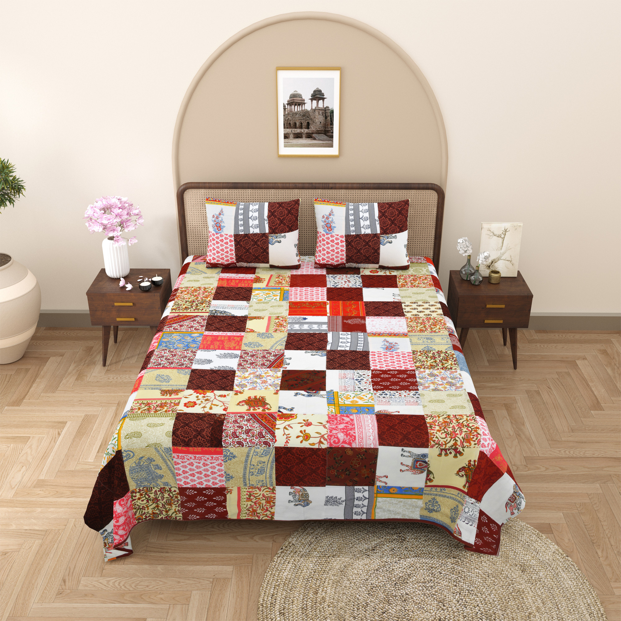 Satrangi Multi-Patchwork Pattern Pure Cotton Double Bedsheet with 2 Pillow Covers