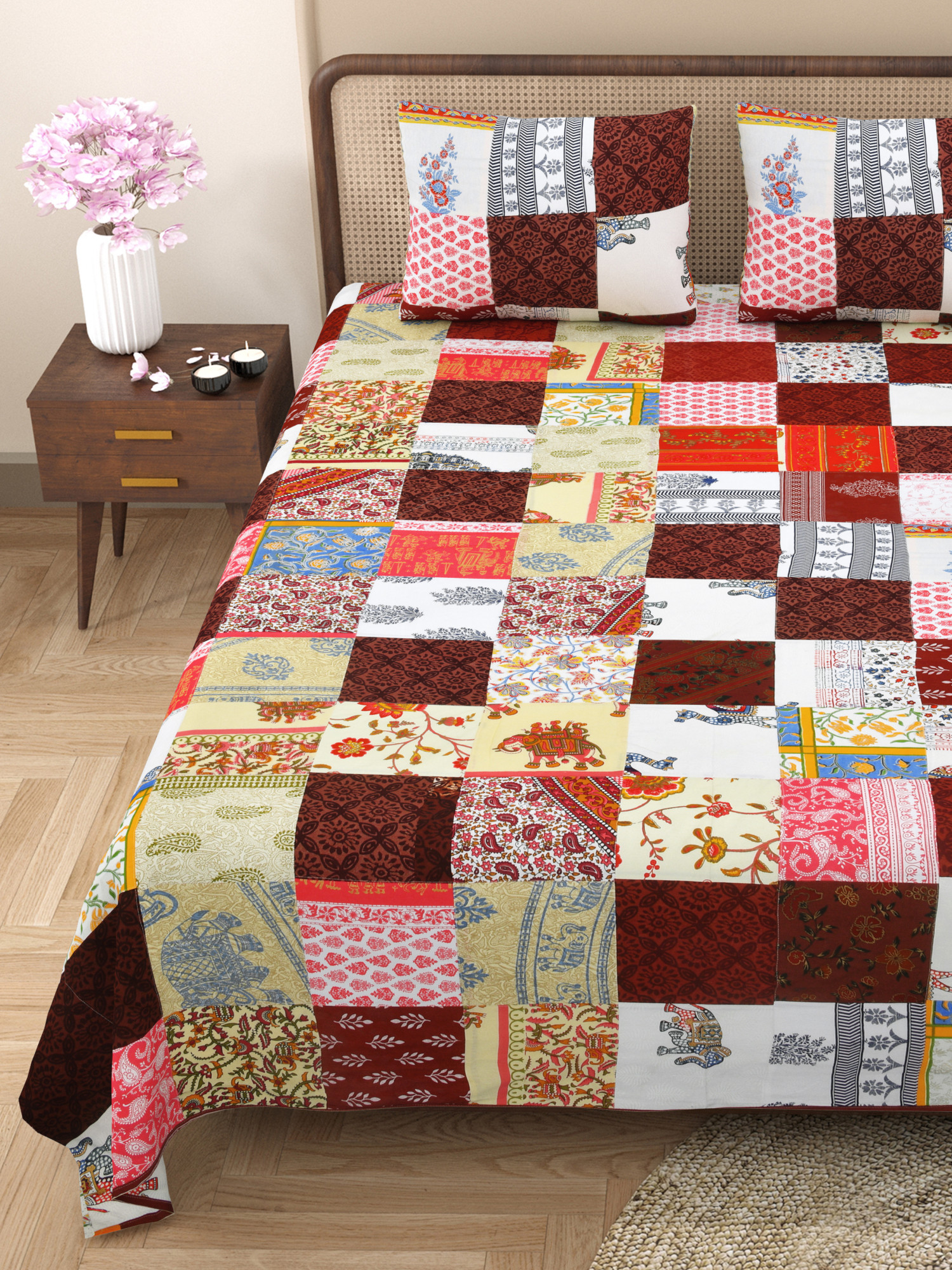 Satrangi Multi-Patchwork Pattern Pure Cotton Double Bedsheet with 2 Pillow Covers