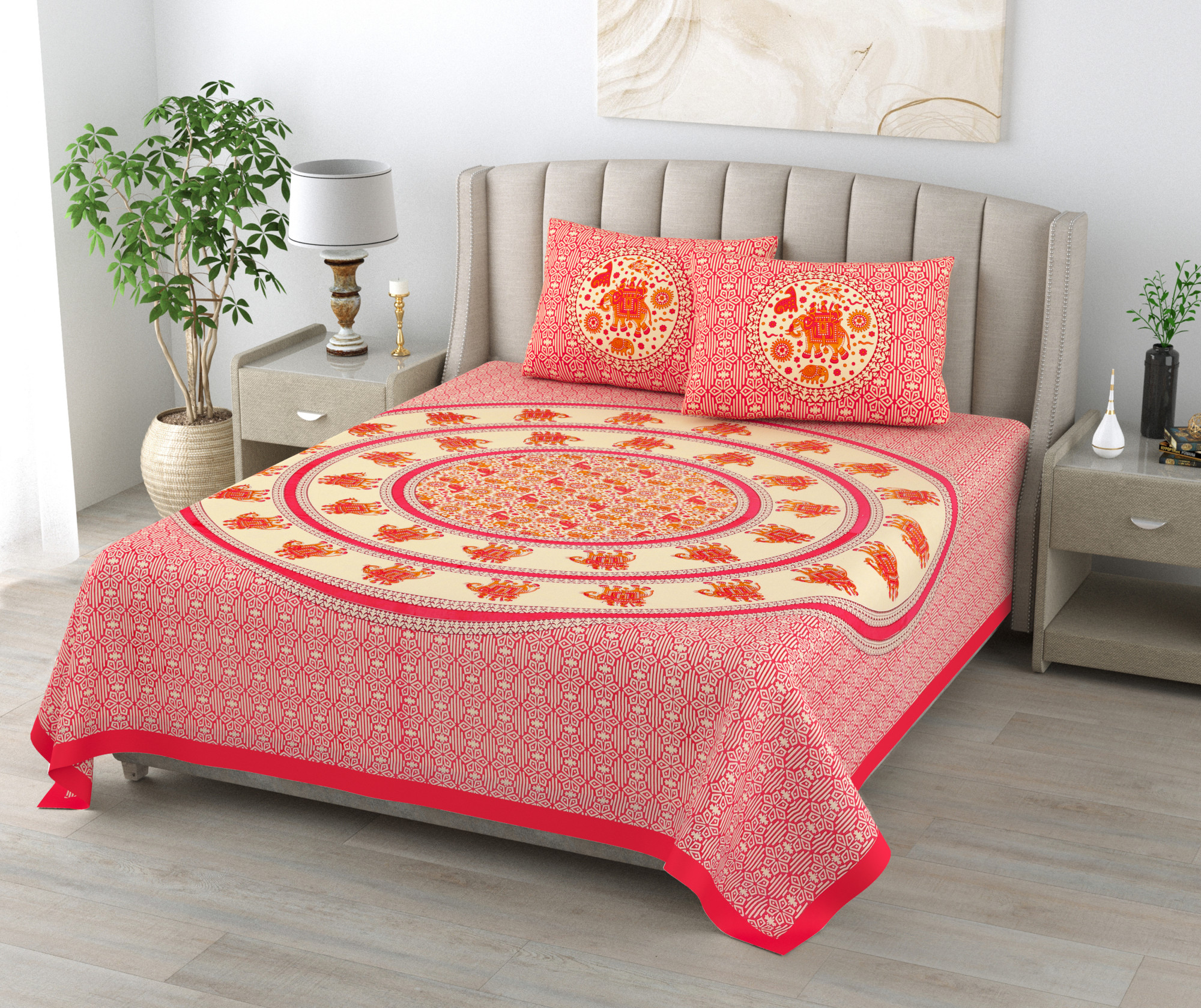 Indian Traditional Elephant Safari 100 Pure Cotton King-Size Bedsheet with 2 Pillow Covers