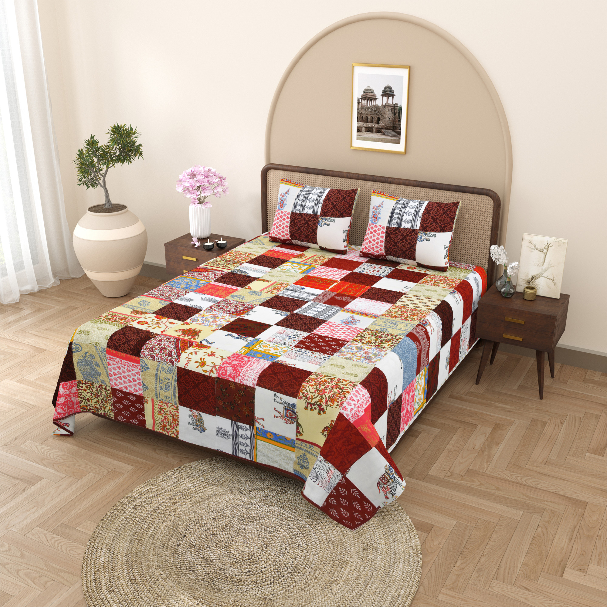 Satrangi Multi-Patchwork Pattern Pure Cotton Double Bedsheet with 2 Pillow Covers