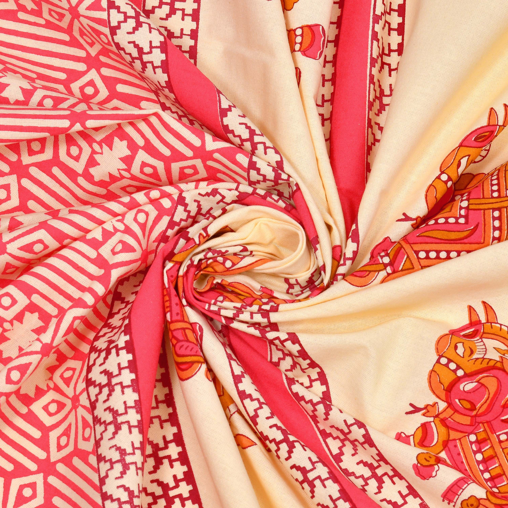 Indian Traditional Elephant Safari 100 Pure Cotton King-Size Bedsheet with 2 Pillow Covers