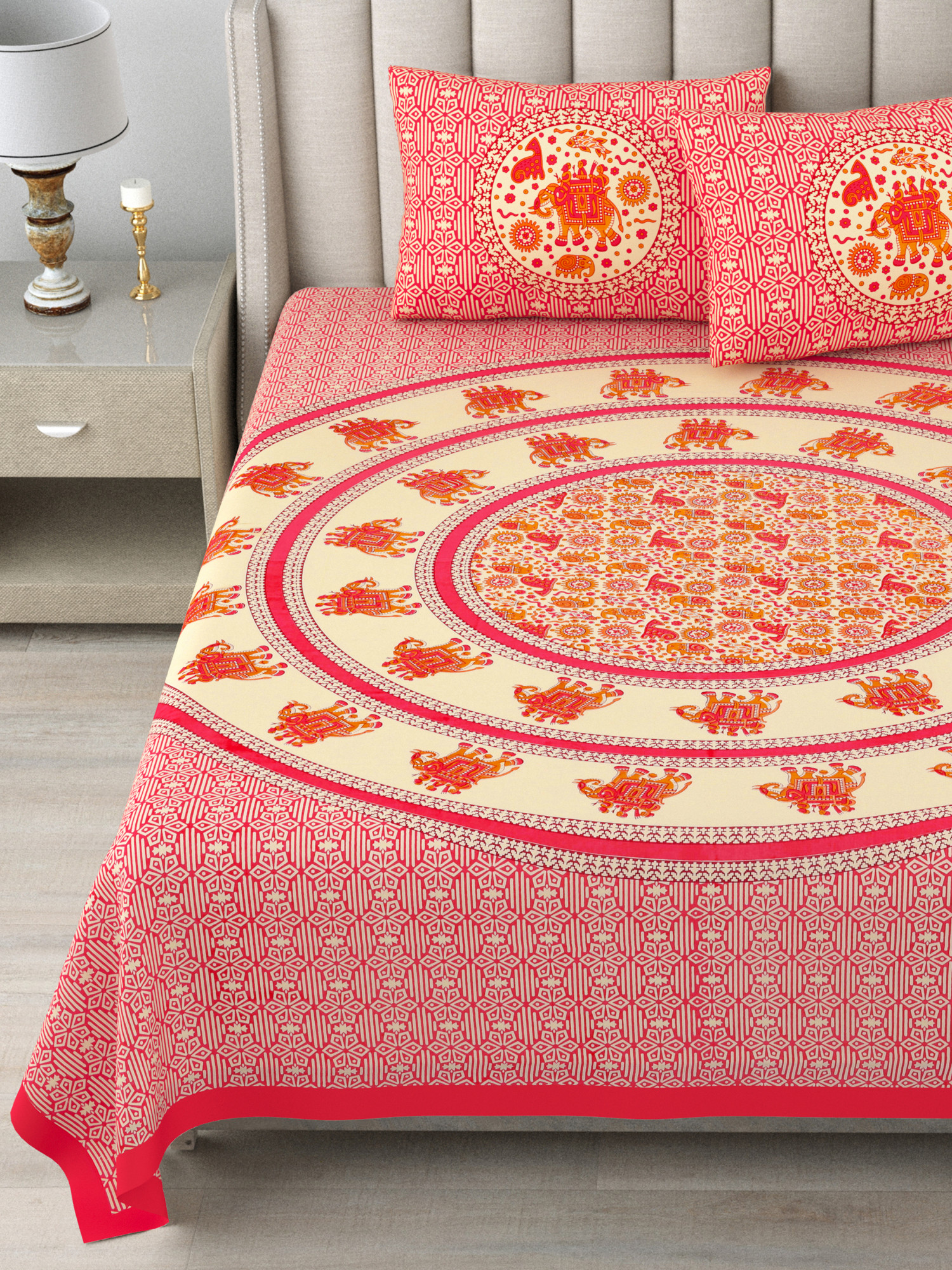 Indian Traditional Elephant Safari 100 Pure Cotton King-Size Bedsheet with 2 Pillow Covers