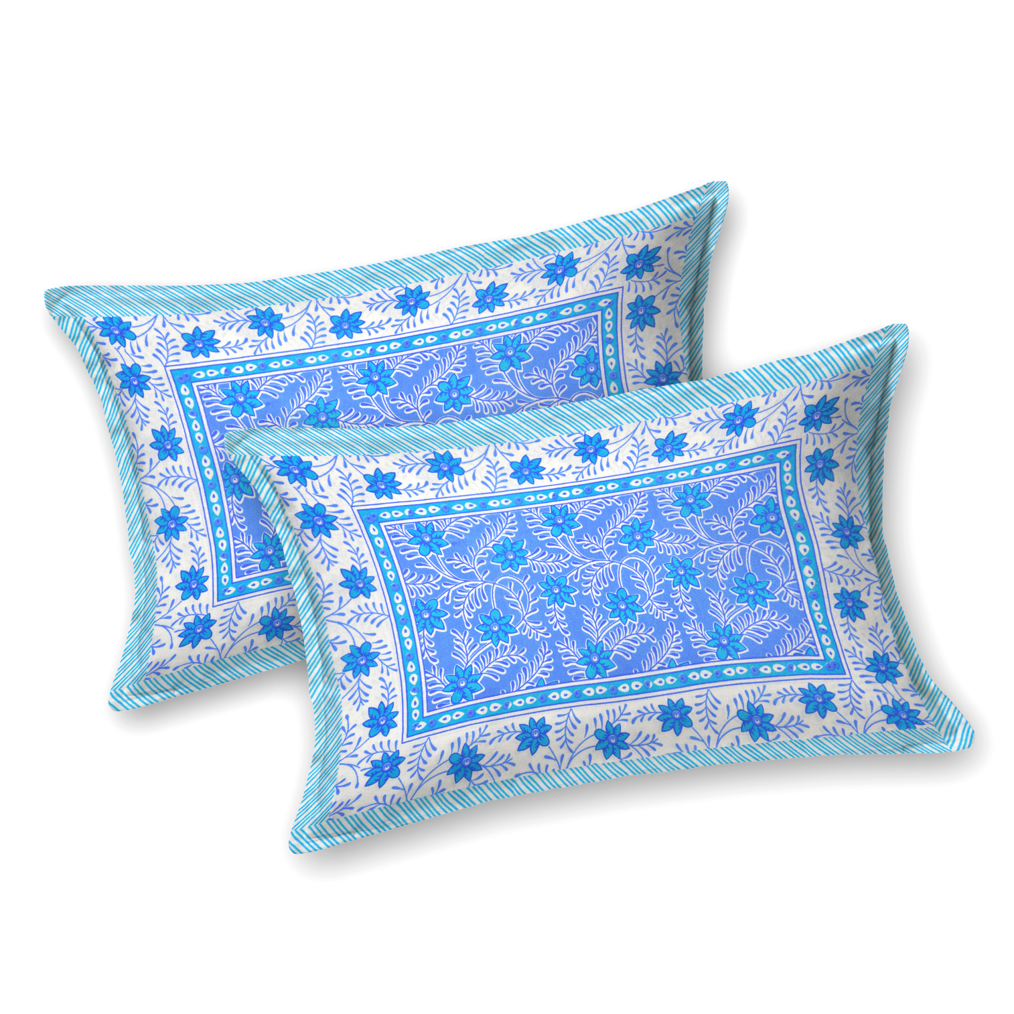 White Blue Floral Printed Cotton 210 TC King Bedsheet with 2 Pillow Covers