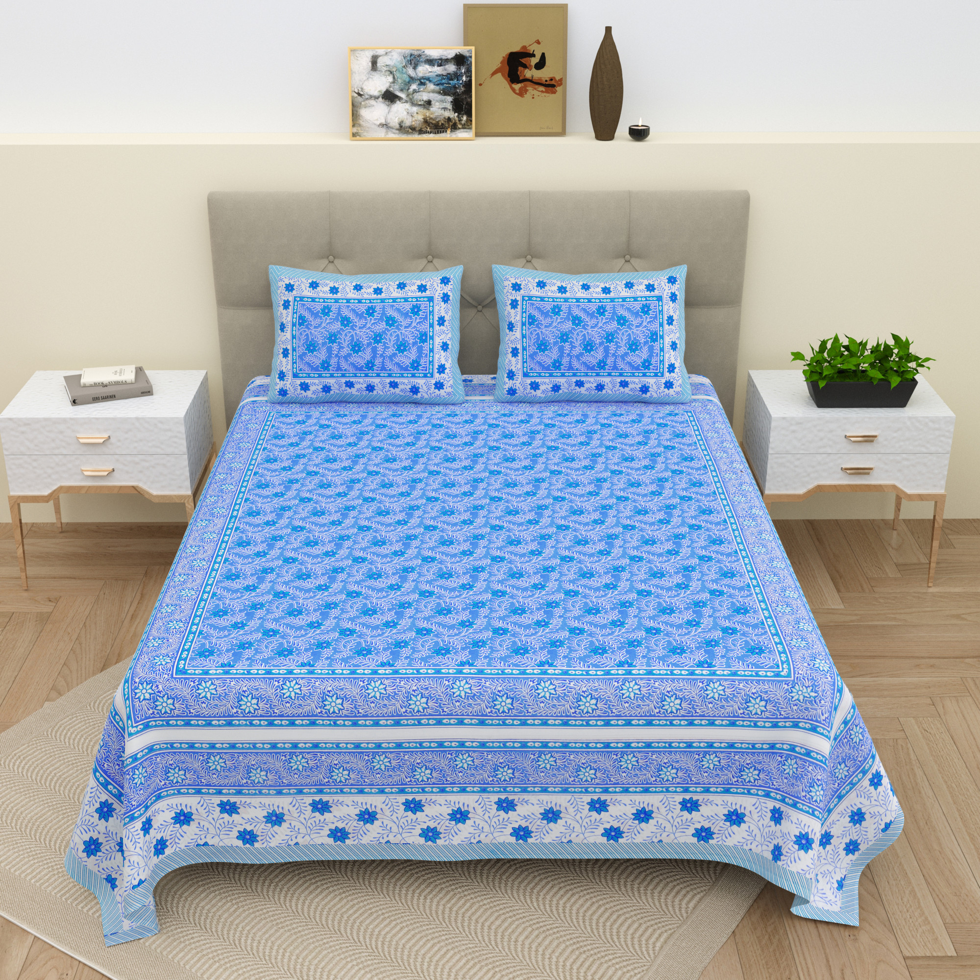 White  Blue Floral Printed Cotton 210 TC King Bedsheet with 2 Pillow Covers
