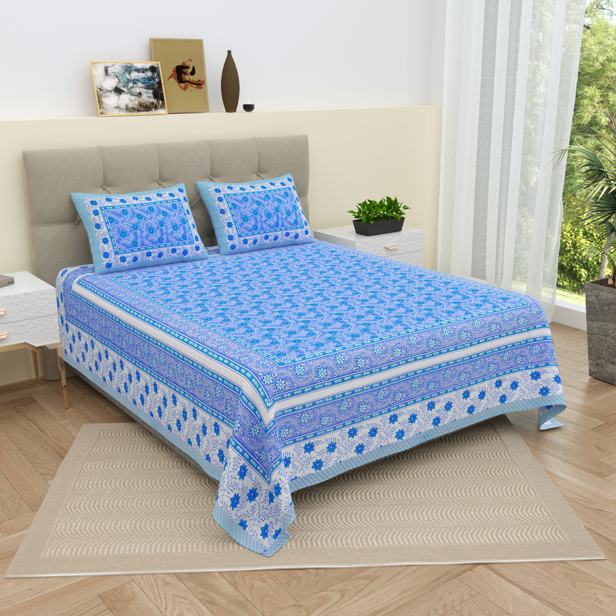 White  Blue Floral Printed Cotton 210 TC King Bedsheet with 2 Pillow Covers