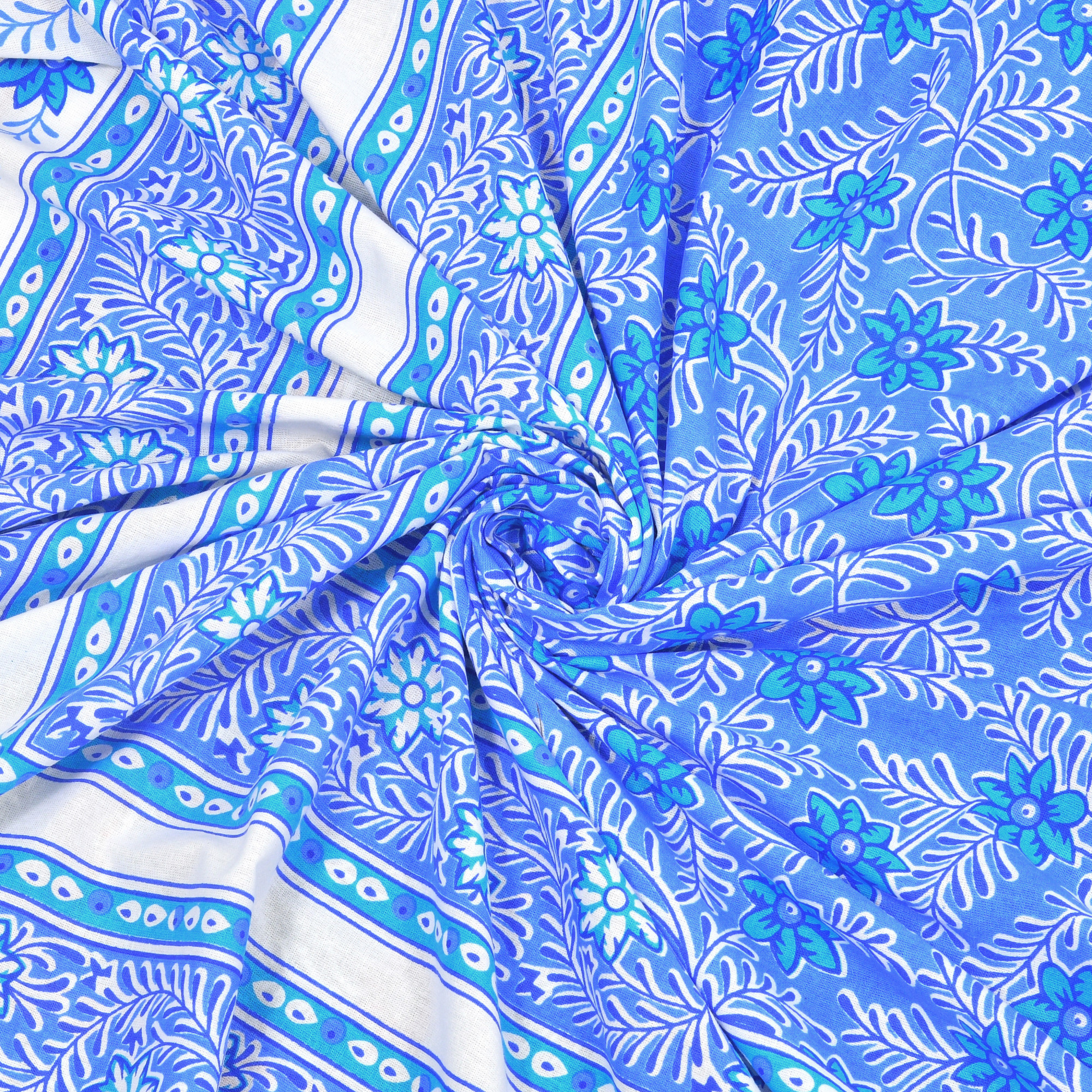 White  Blue Floral Printed Cotton 210 TC King Bedsheet with 2 Pillow Covers