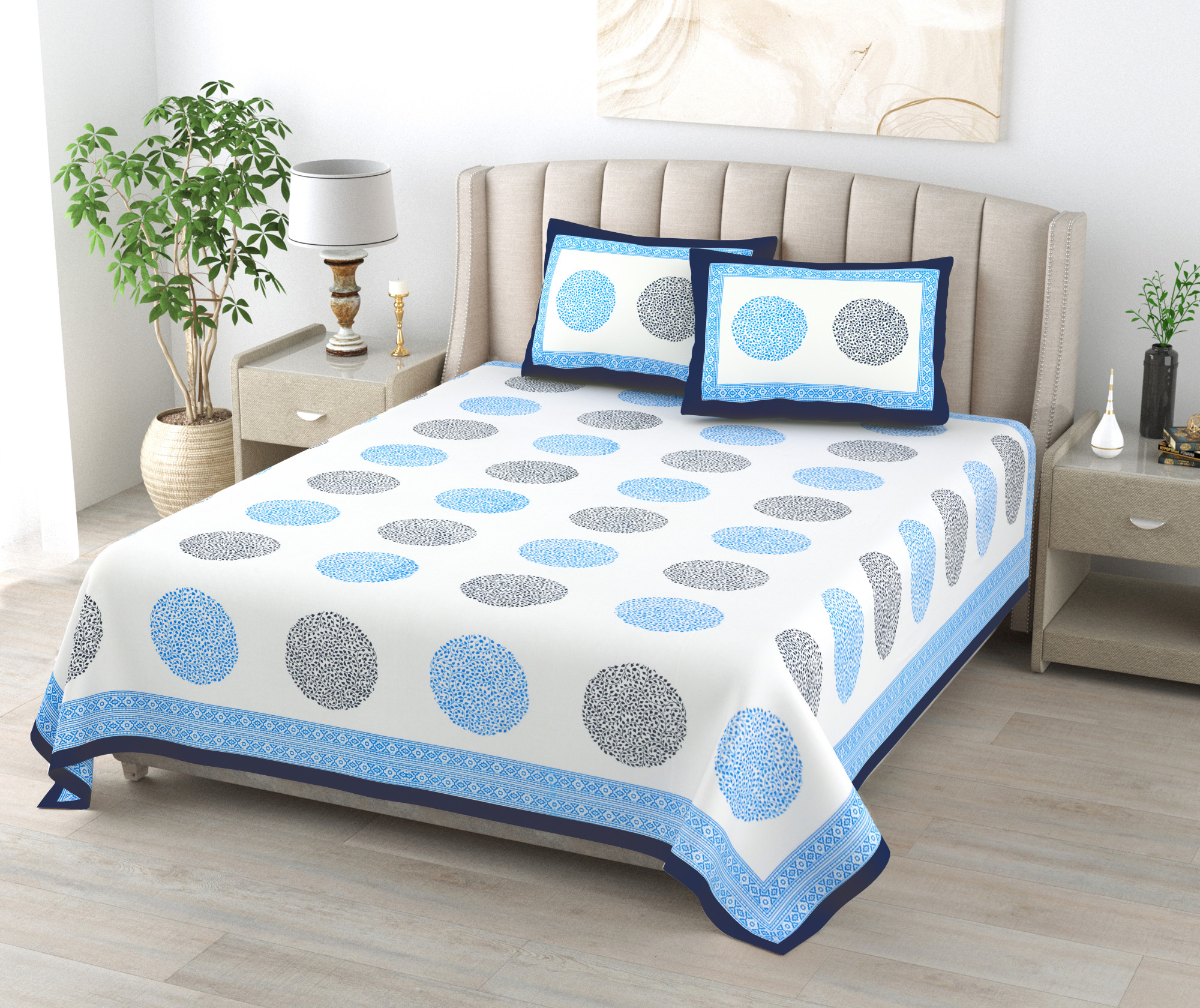 Blue White Printed 240 TC Pure Cotton Double Bedsheet with 2 Pillow Covers