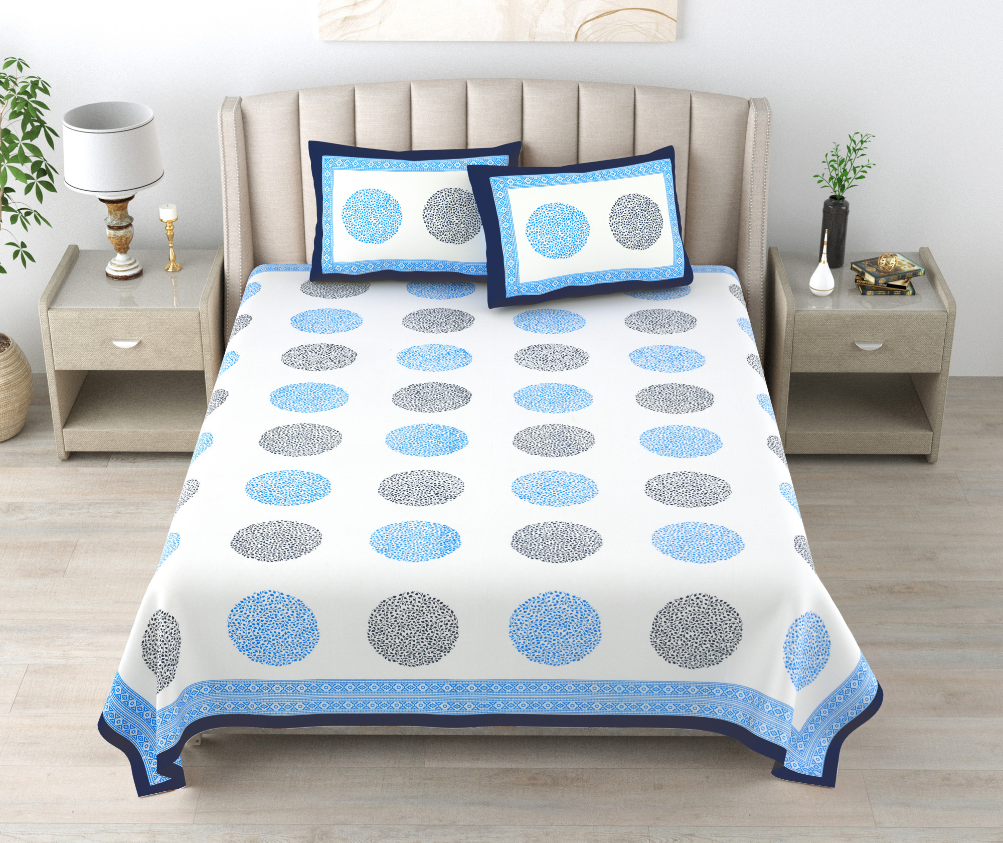 Blue White Printed 240 TC Pure Cotton Double Bedsheet with 2 Pillow Covers