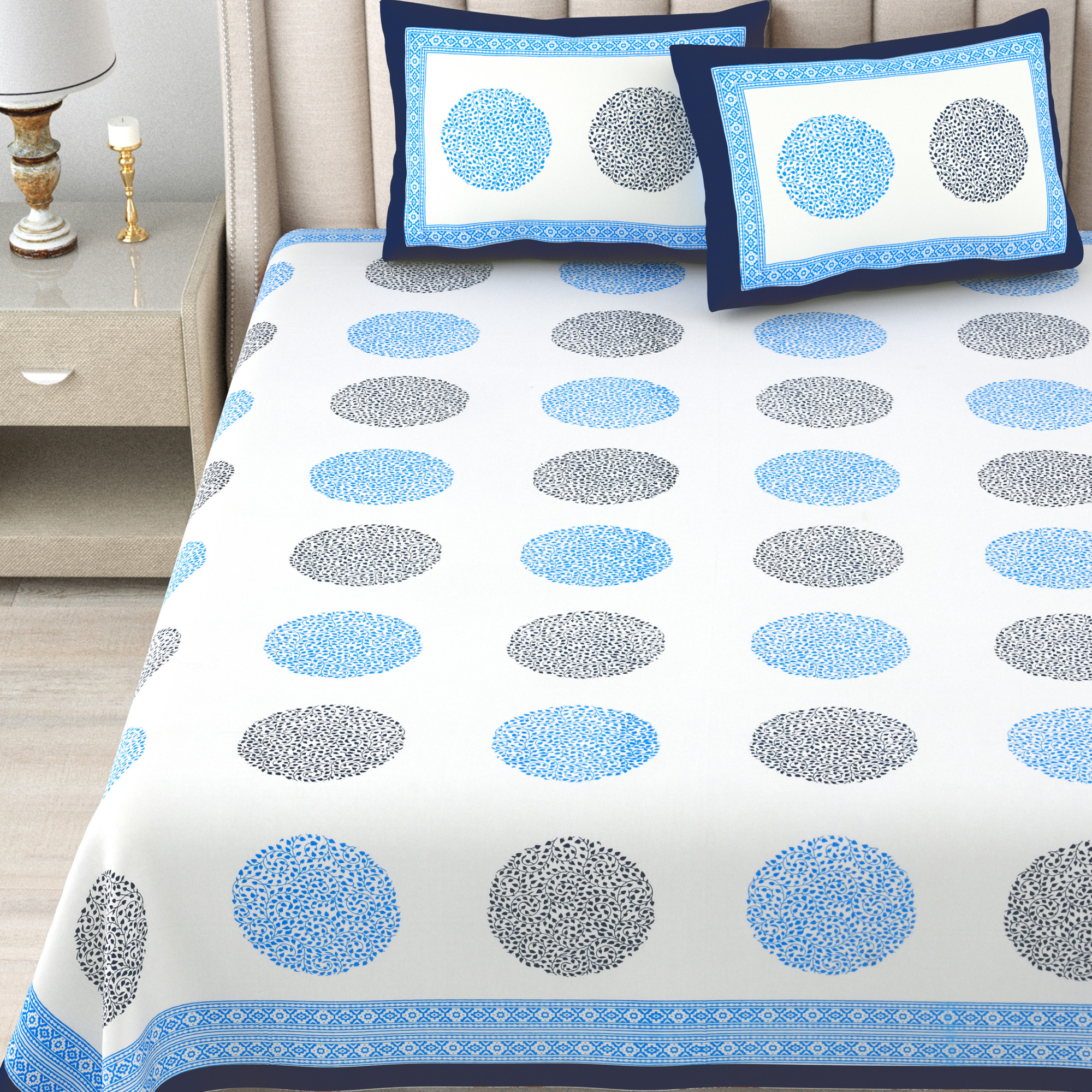 Blue White Printed 240 TC Pure Cotton Double Bedsheet with 2 Pillow Covers