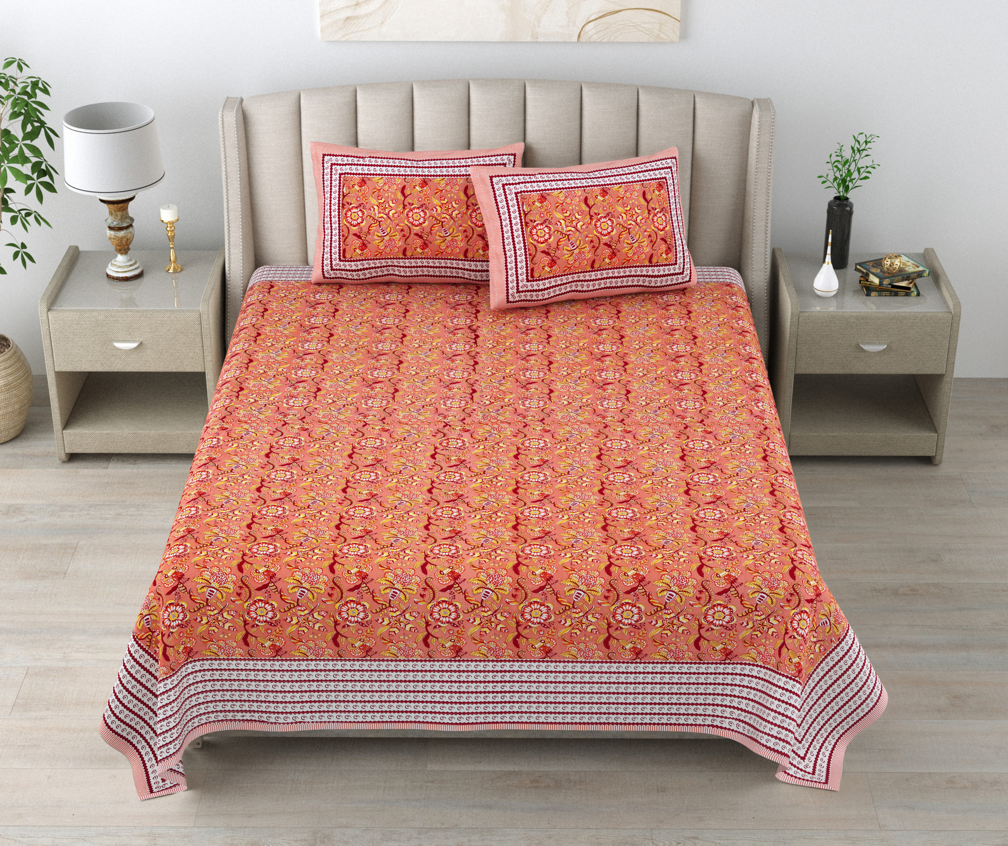 Yellow  Brown Floral 240 TC Pure Cotton Double Bedsheet with 2 Pillow Covers