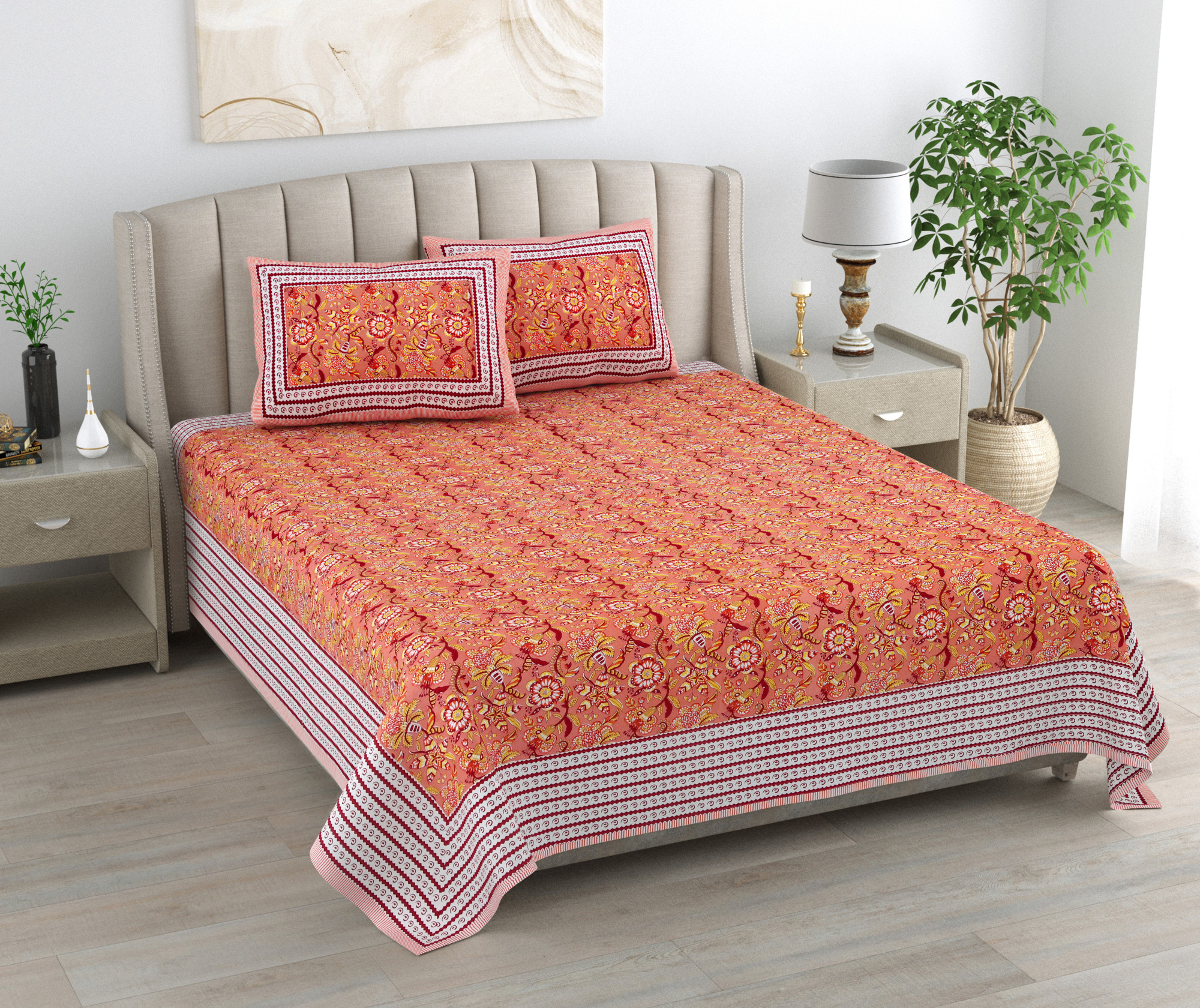 Yellow  Brown Floral 240 TC Pure Cotton Double Bedsheet with 2 Pillow Covers
