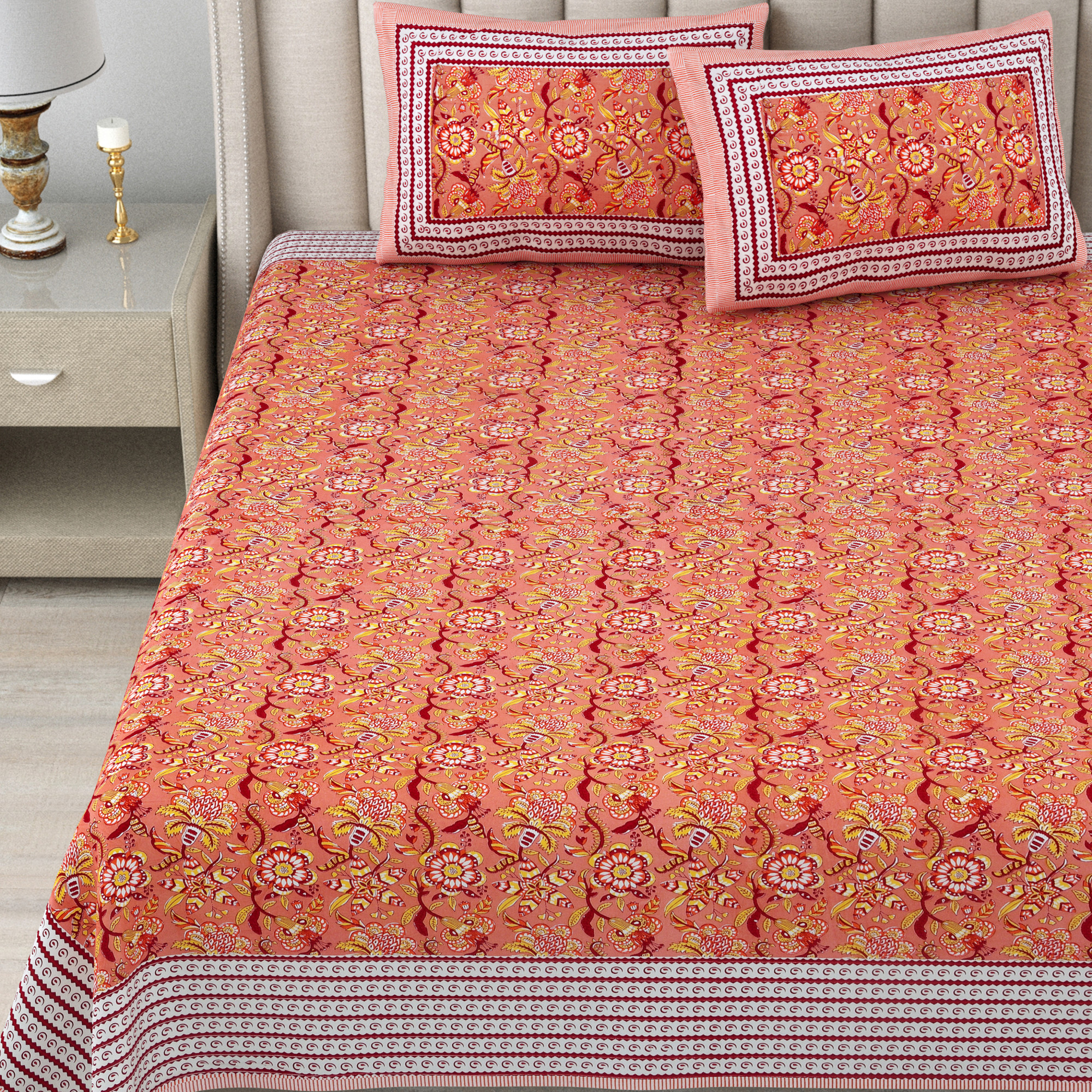 Yellow  Brown Floral 240 TC Pure Cotton Double Bedsheet with 2 Pillow Covers