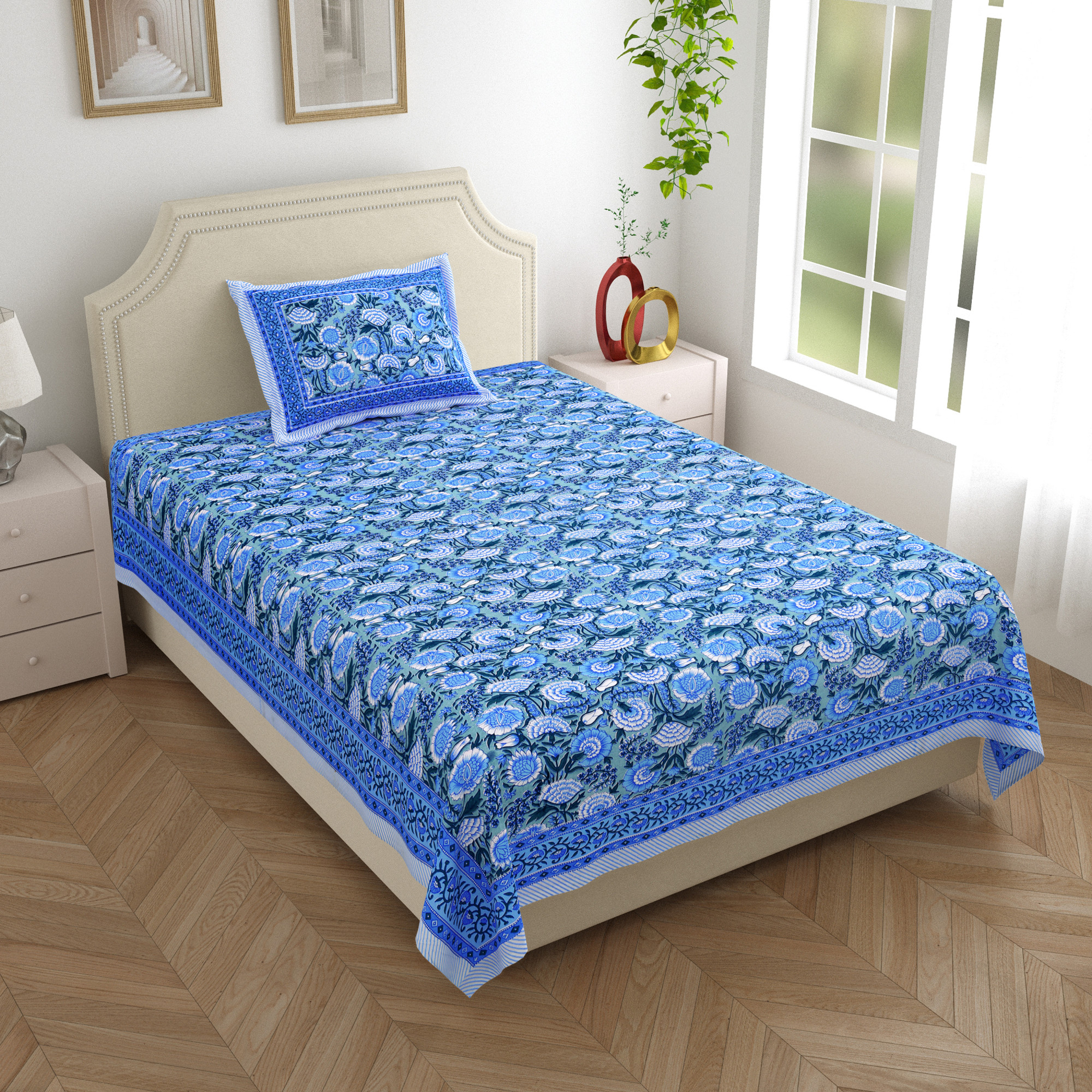 Blue White Floral 210 TC Pure Cotton Single Bedsheet with 1 Pillow Cover