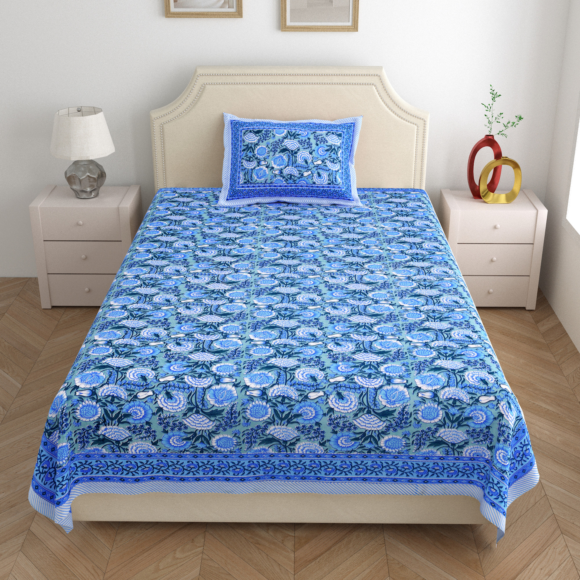 Blue White Floral 210 TC Pure Cotton Single Bedsheet with 1 Pillow Cover