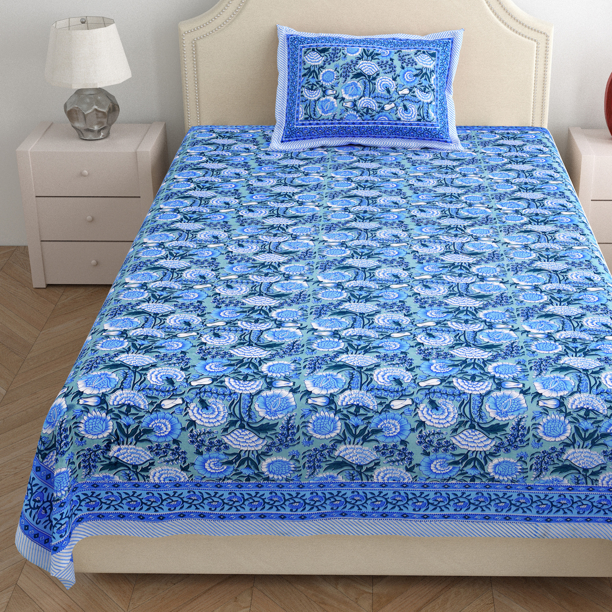Blue White Floral 210 TC Pure Cotton Single Bedsheet with 1 Pillow Cover