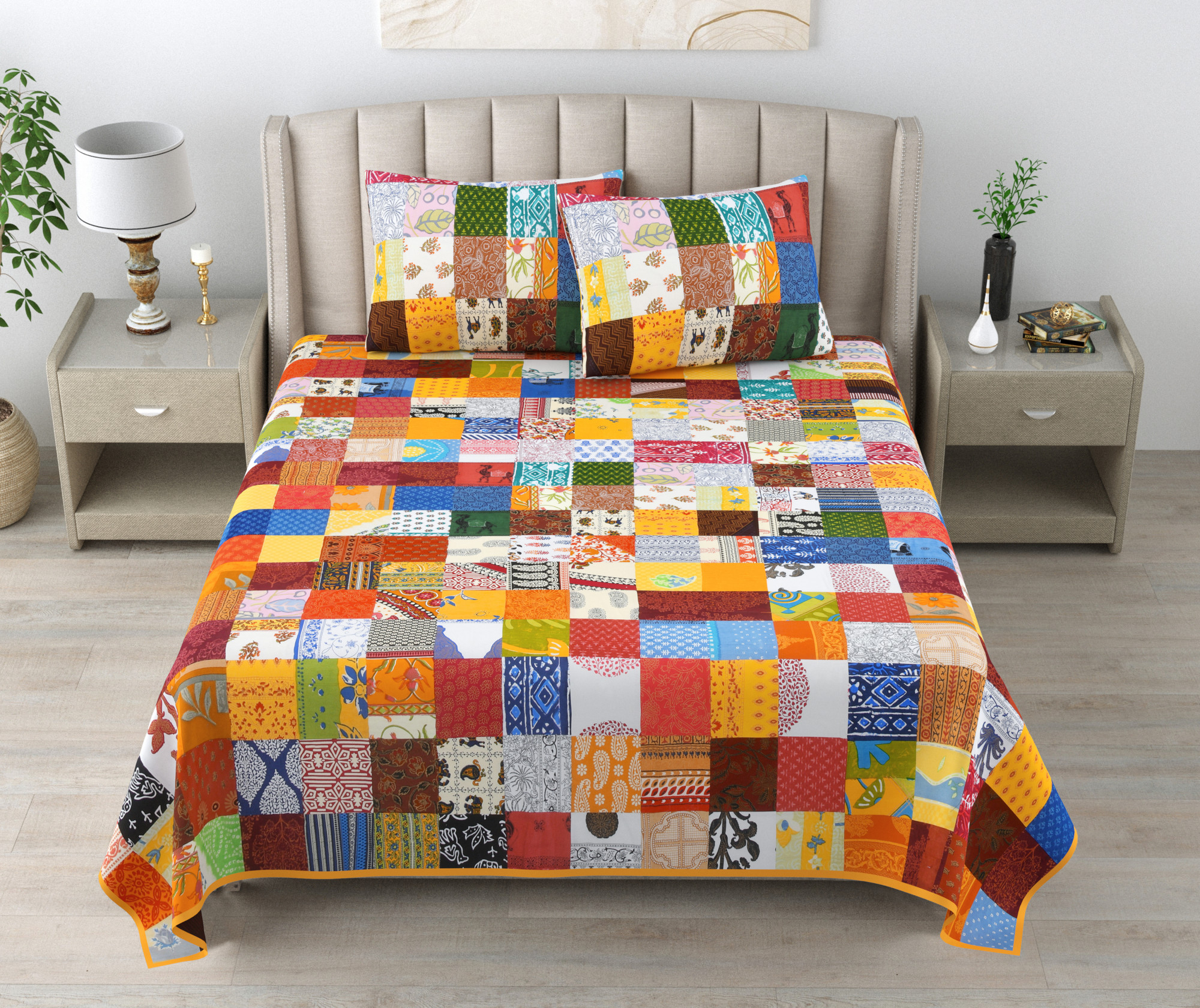 Satrangi Multi-Patchwork 100 Pure Cotton King-Size Bedsheet with 2 Pillow Covers
