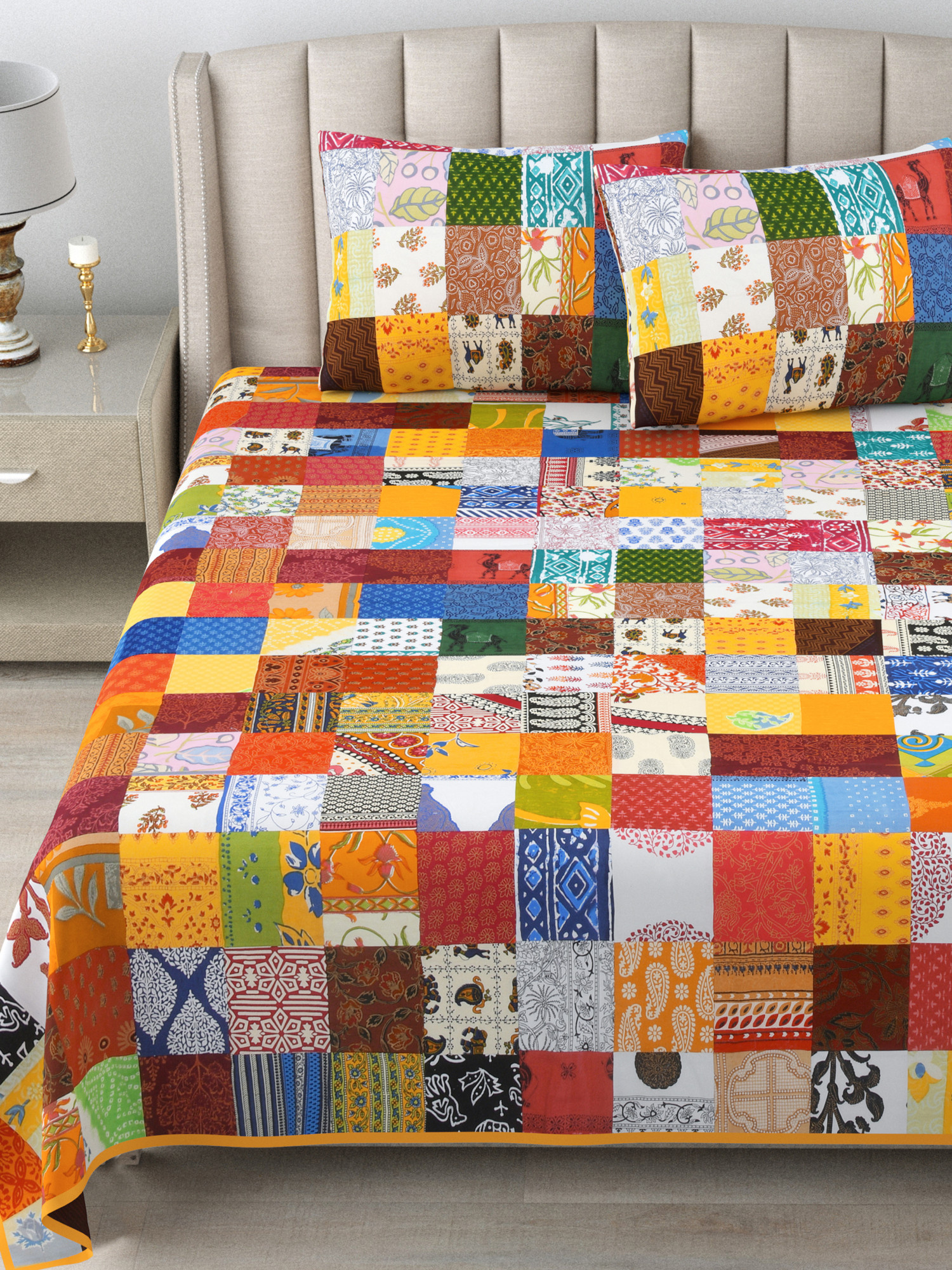 Satrangi Multi-Patchwork 100 Pure Cotton King-Size Bedsheet with 2 Pillow Covers