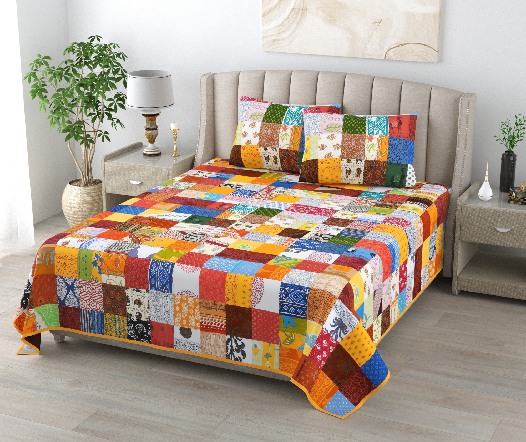 Satrangi Multi-Patchwork 100 Pure Cotton King-Size Bedsheet with 2 Pillow Covers