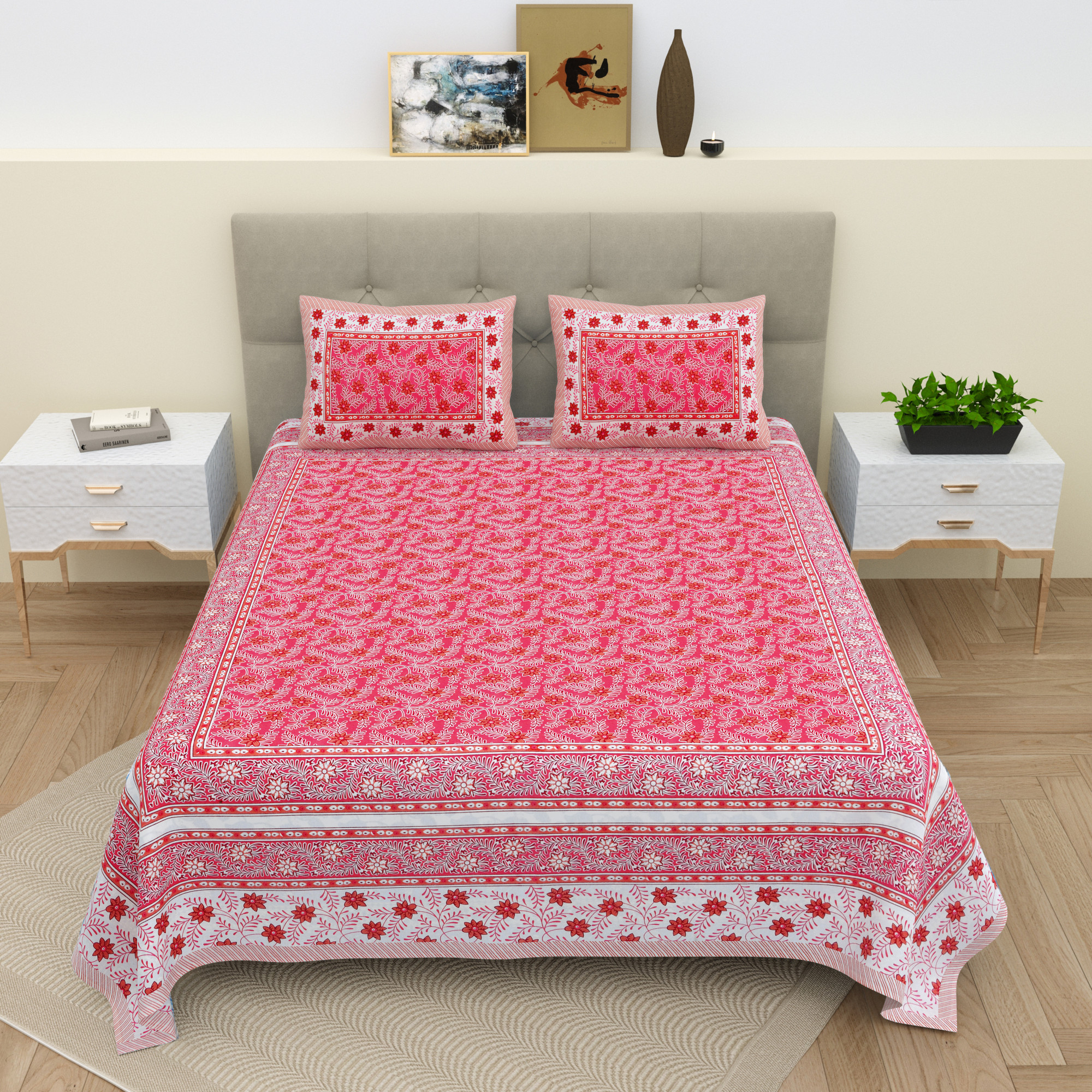 White Pink Floral 210 TC Pure Cotton Double Bedsheet with 2 Pillow Covers