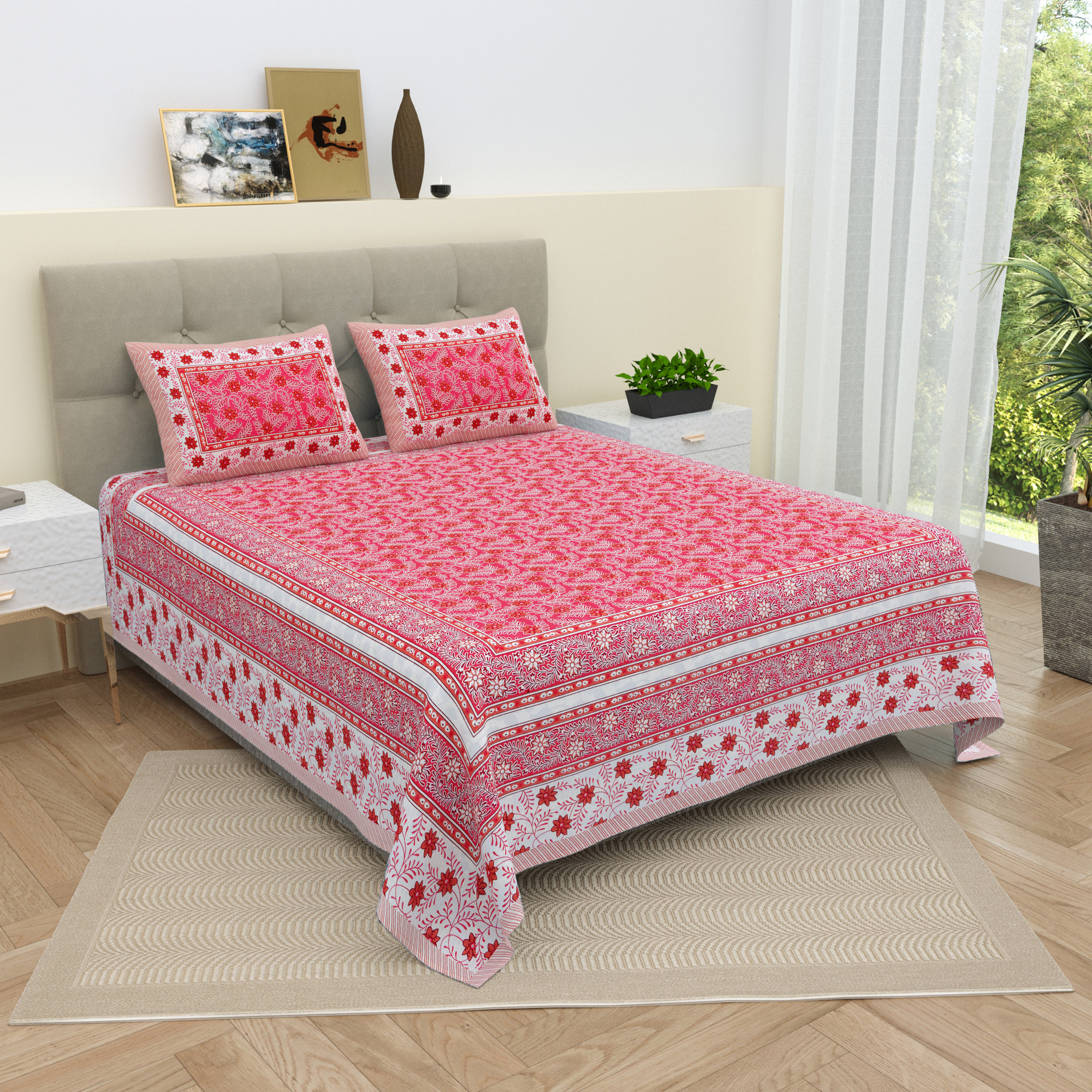 White Pink Floral 210 TC Pure Cotton Double Bedsheet with 2 Pillow Covers