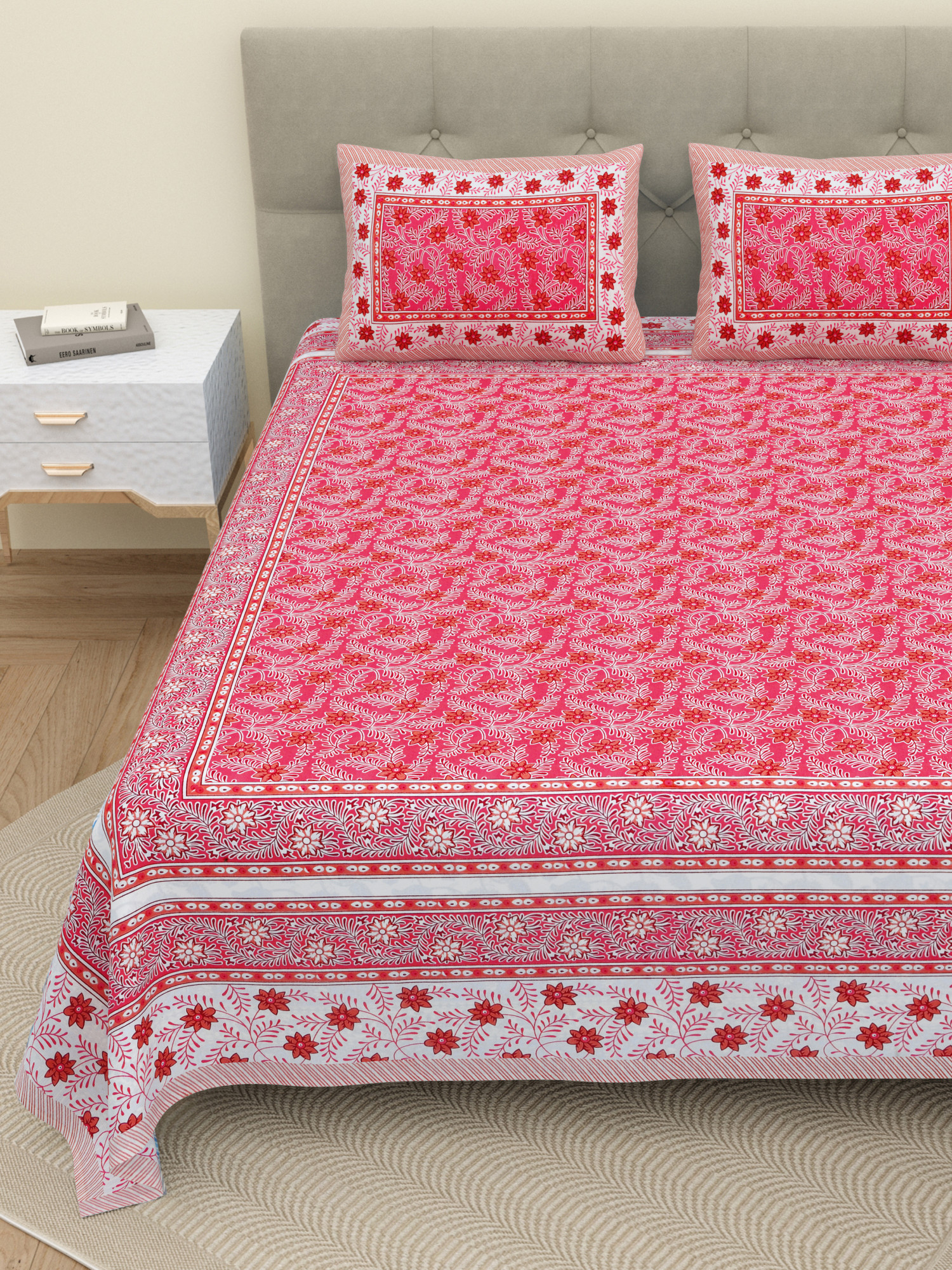 White Pink Floral 210 TC Pure Cotton Double Bedsheet with 2 Pillow Covers