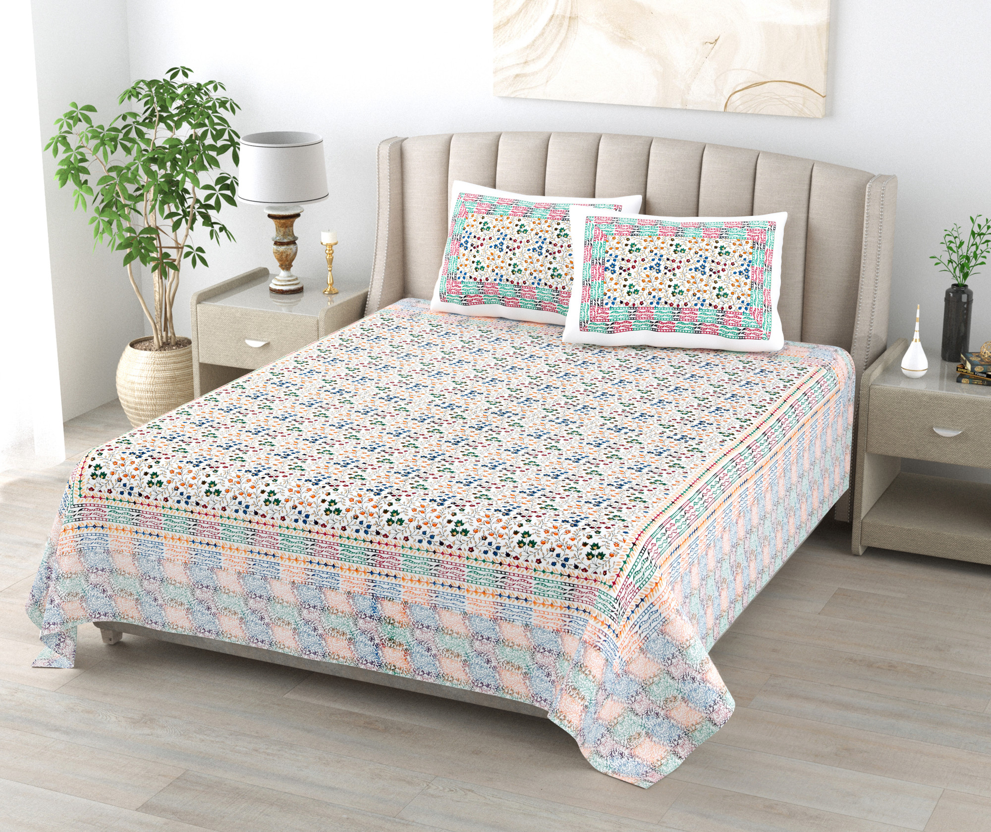 Satrangi Floral 240 TC Pure Cotton King Bedsheet with 2 Pillow Covers