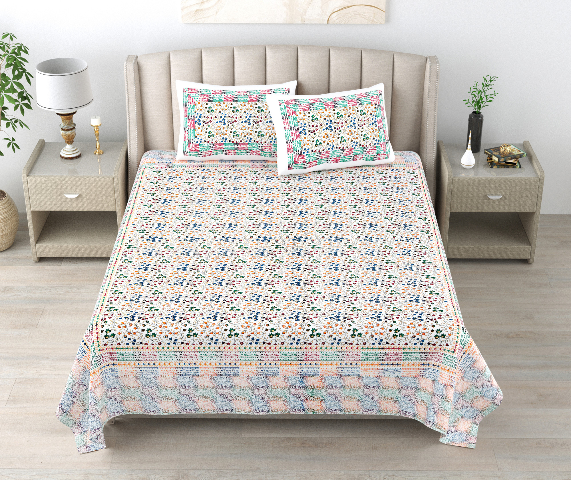 Satrangi Floral 240 TC Pure Cotton King Bedsheet with 2 Pillow Covers