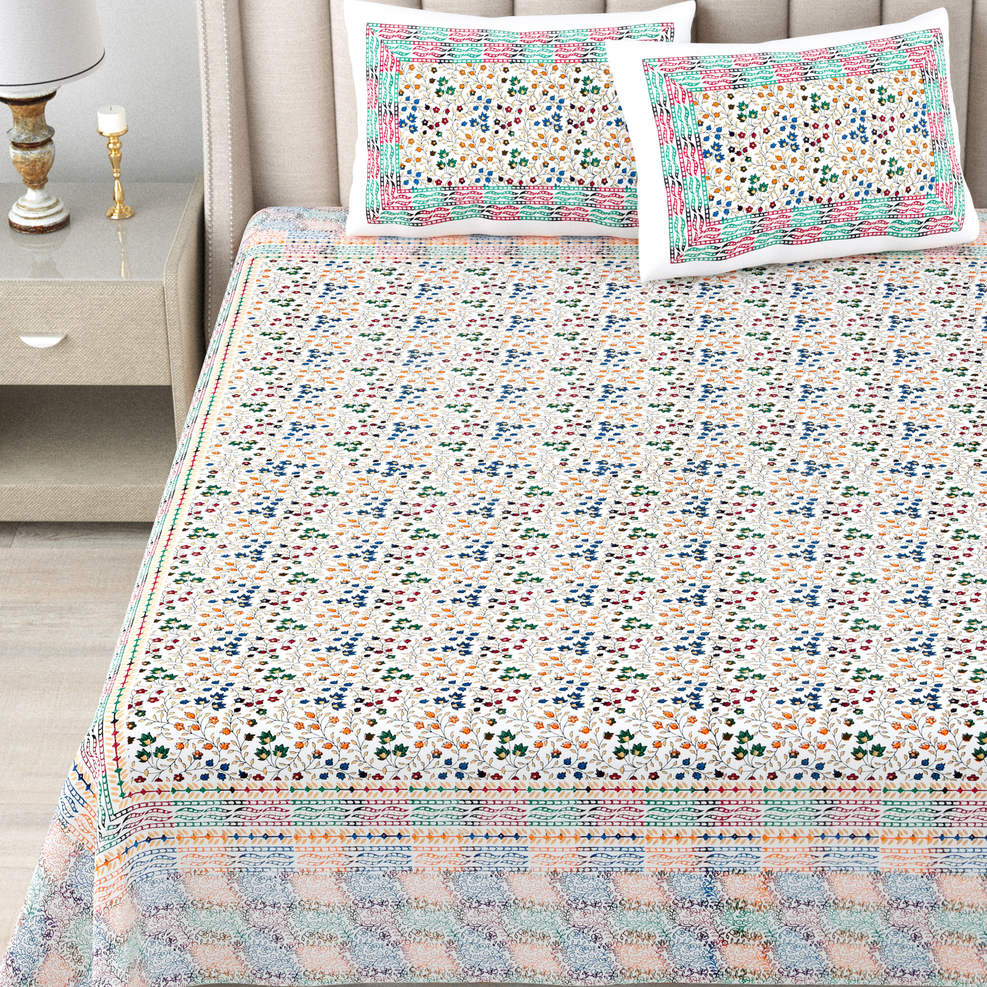 Satrangi Floral 240 TC Pure Cotton King Bedsheet with 2 Pillow Covers