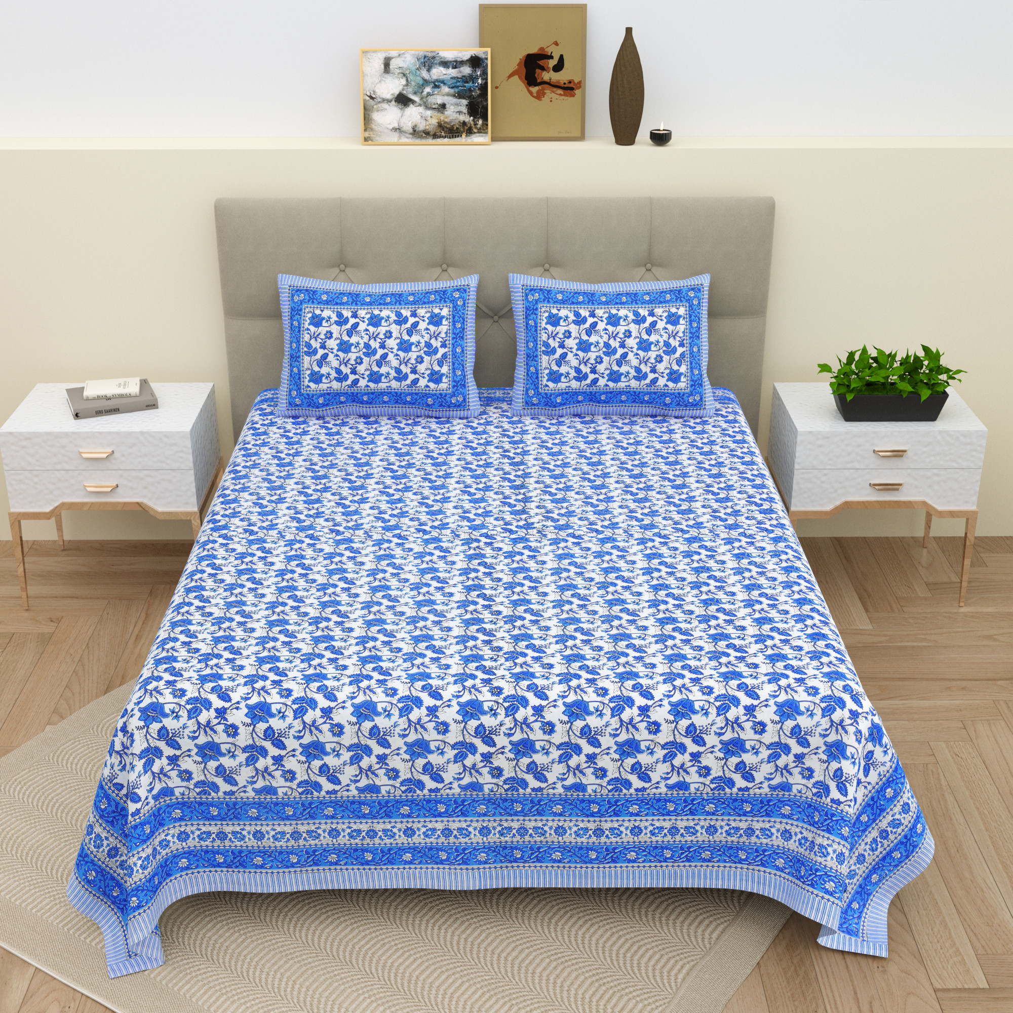 White Blue Floral 210 TC Pure Cotton Double Bedsheet with 2 Pillow Covers