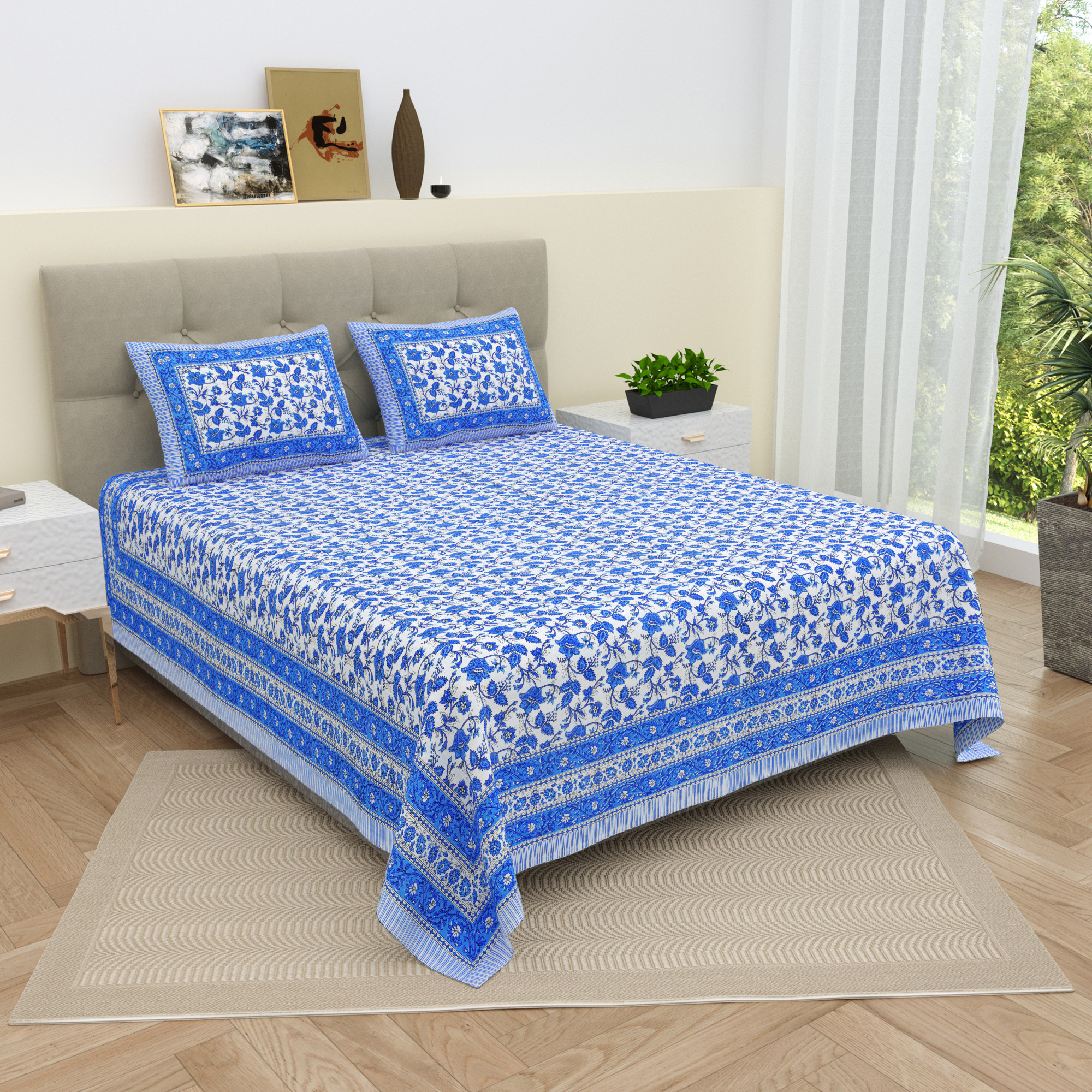 White Blue Floral 210 TC Pure Cotton Double Bedsheet with 2 Pillow Covers