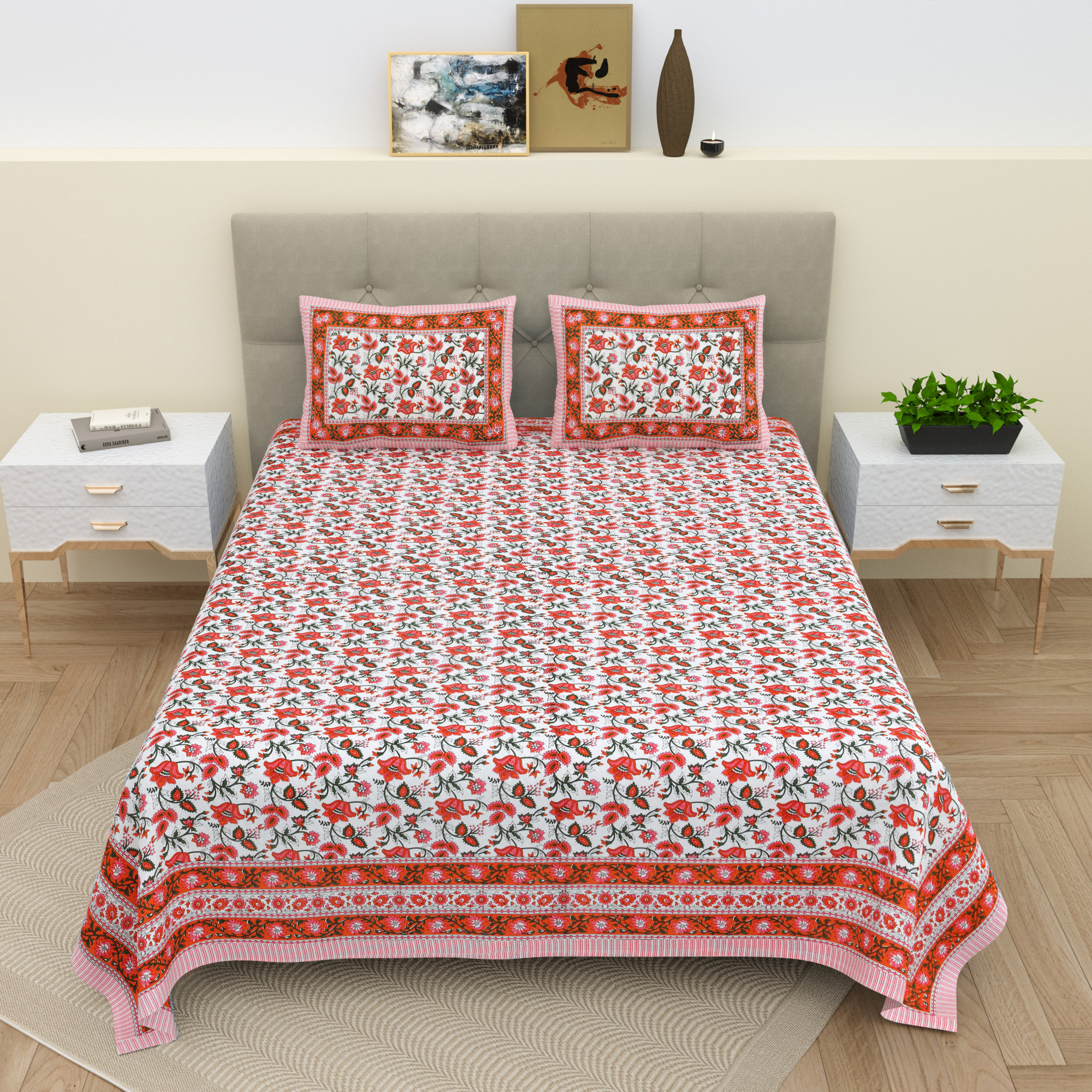 White Red Floral 210 TC Pure Cotton Double Bedsheet with 2 Pillow Covers