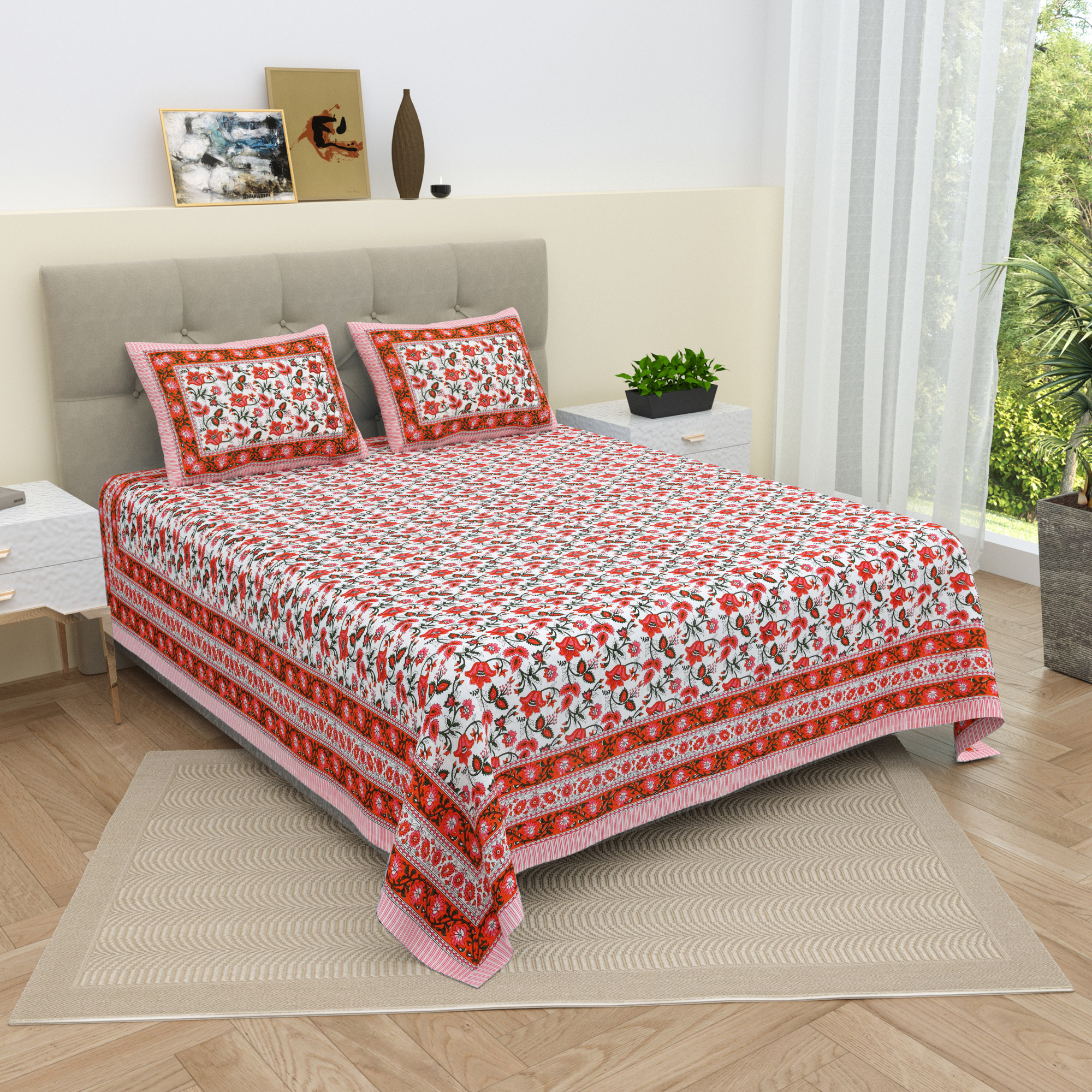 White  Red Floral 210 TC Pure Cotton Double Bedsheet with 2 Pillow Covers