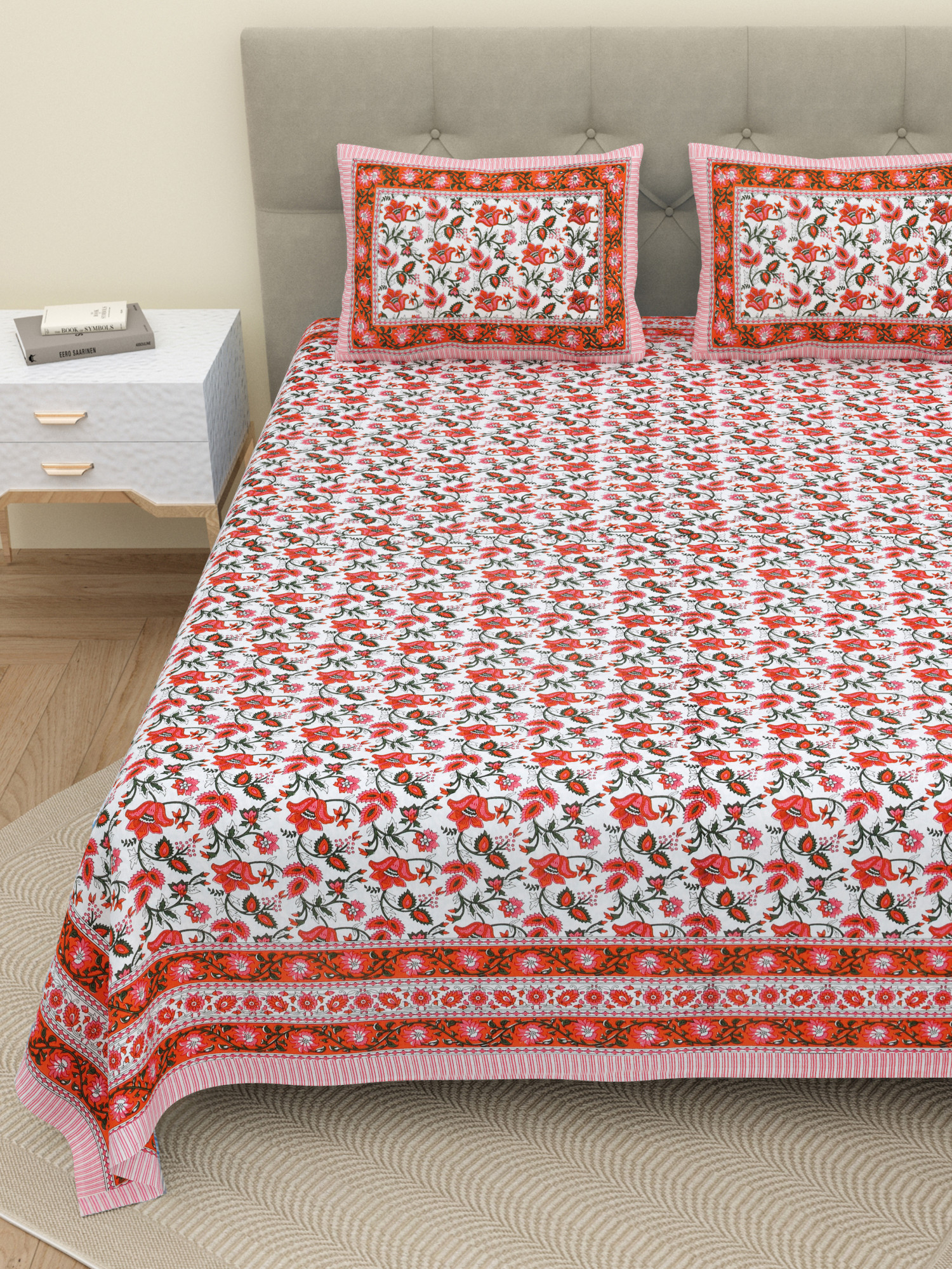 White Red Floral 210 TC Pure Cotton Double Bedsheet with 2 Pillow Covers