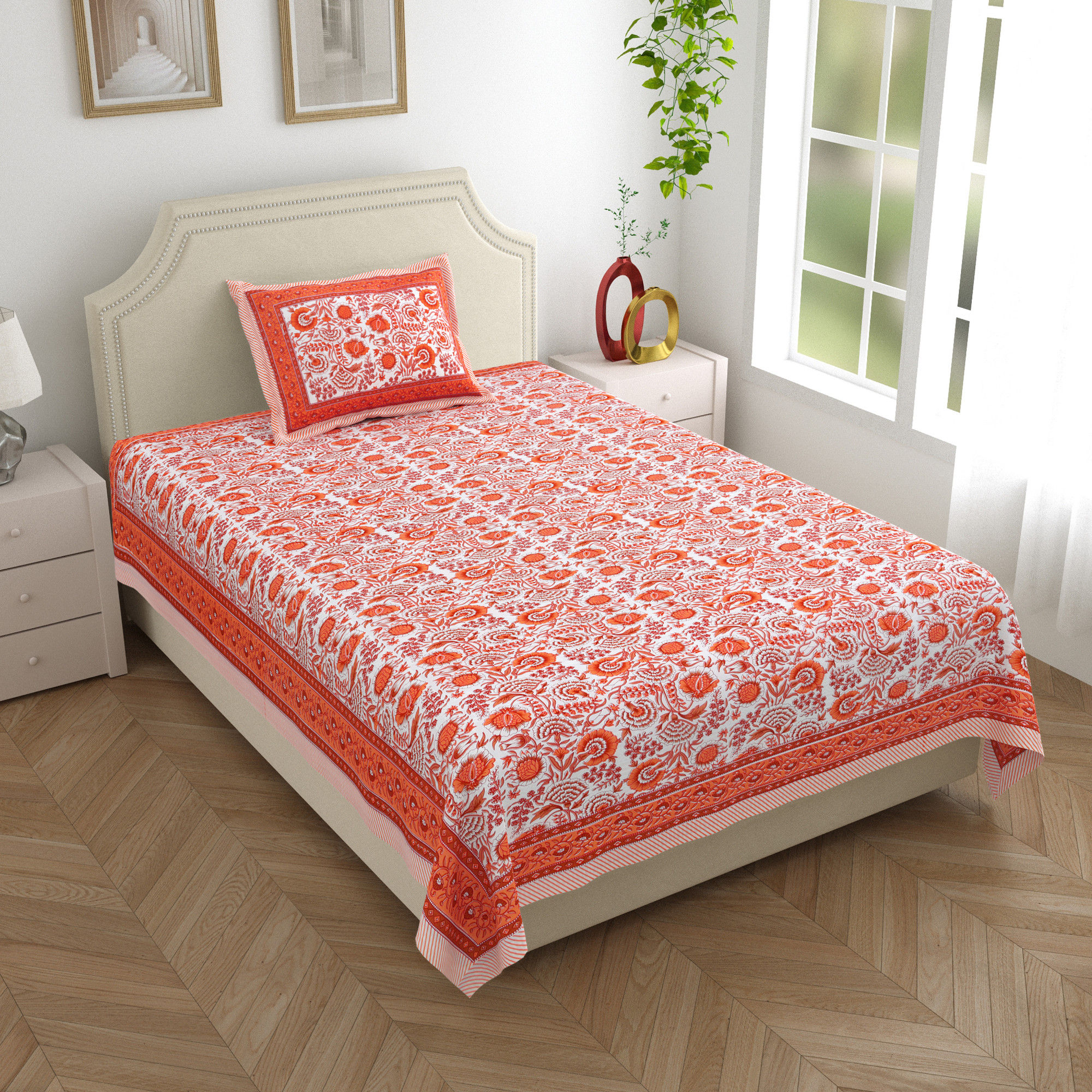Brown  White Floral 210 TC Pure Cotton Single Bedsheet with 1 Pillow Cover