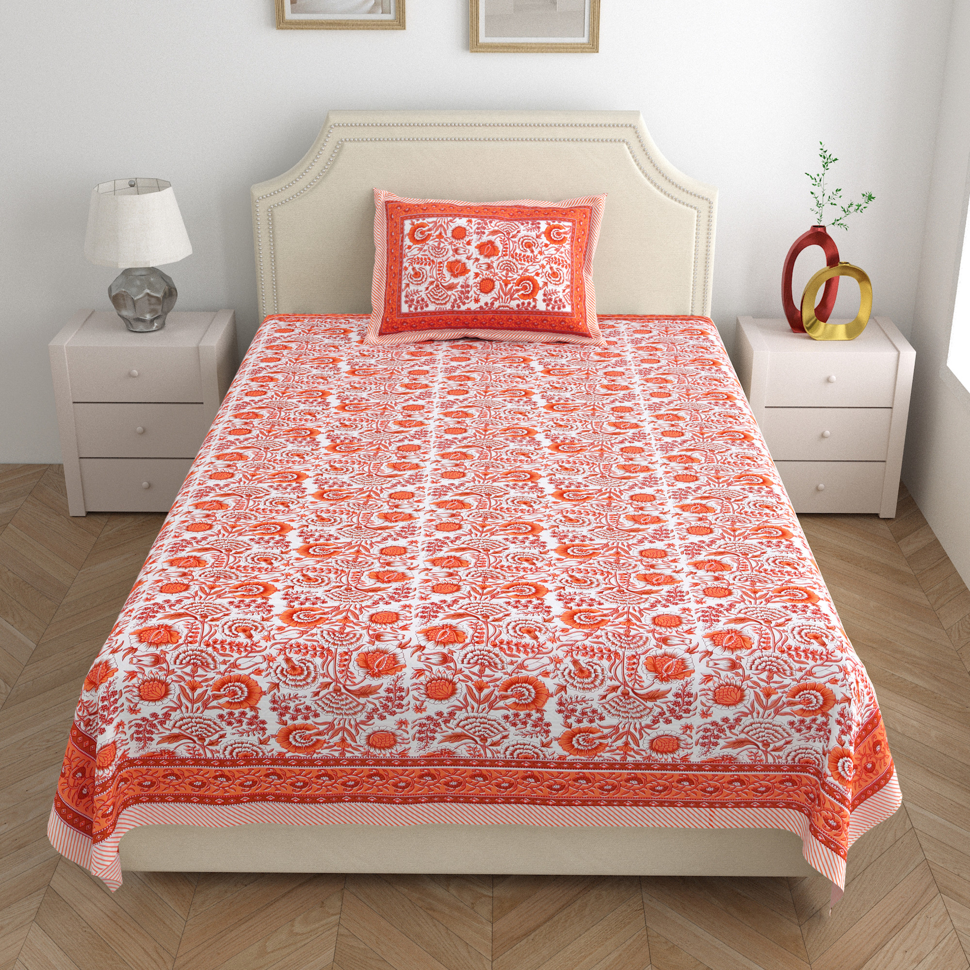 Brown White Floral 210 TC Pure Cotton Single Bedsheet with 1 Pillow Cover