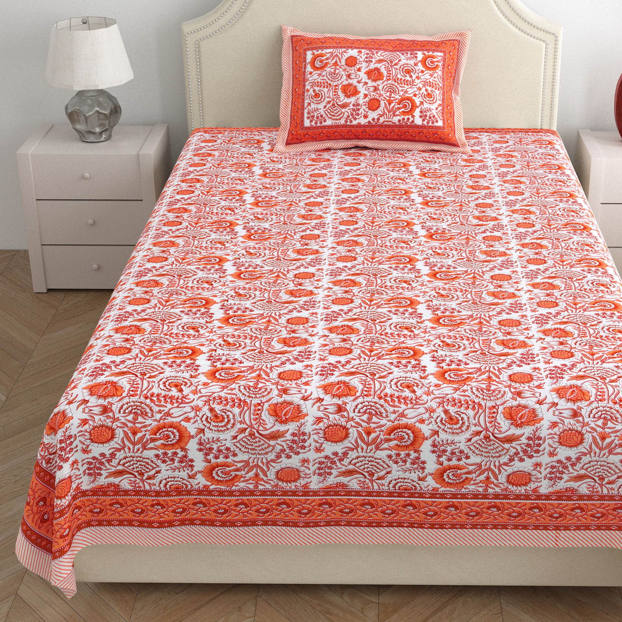 Brown White Floral 210 TC Pure Cotton Single Bedsheet with 1 Pillow Cover