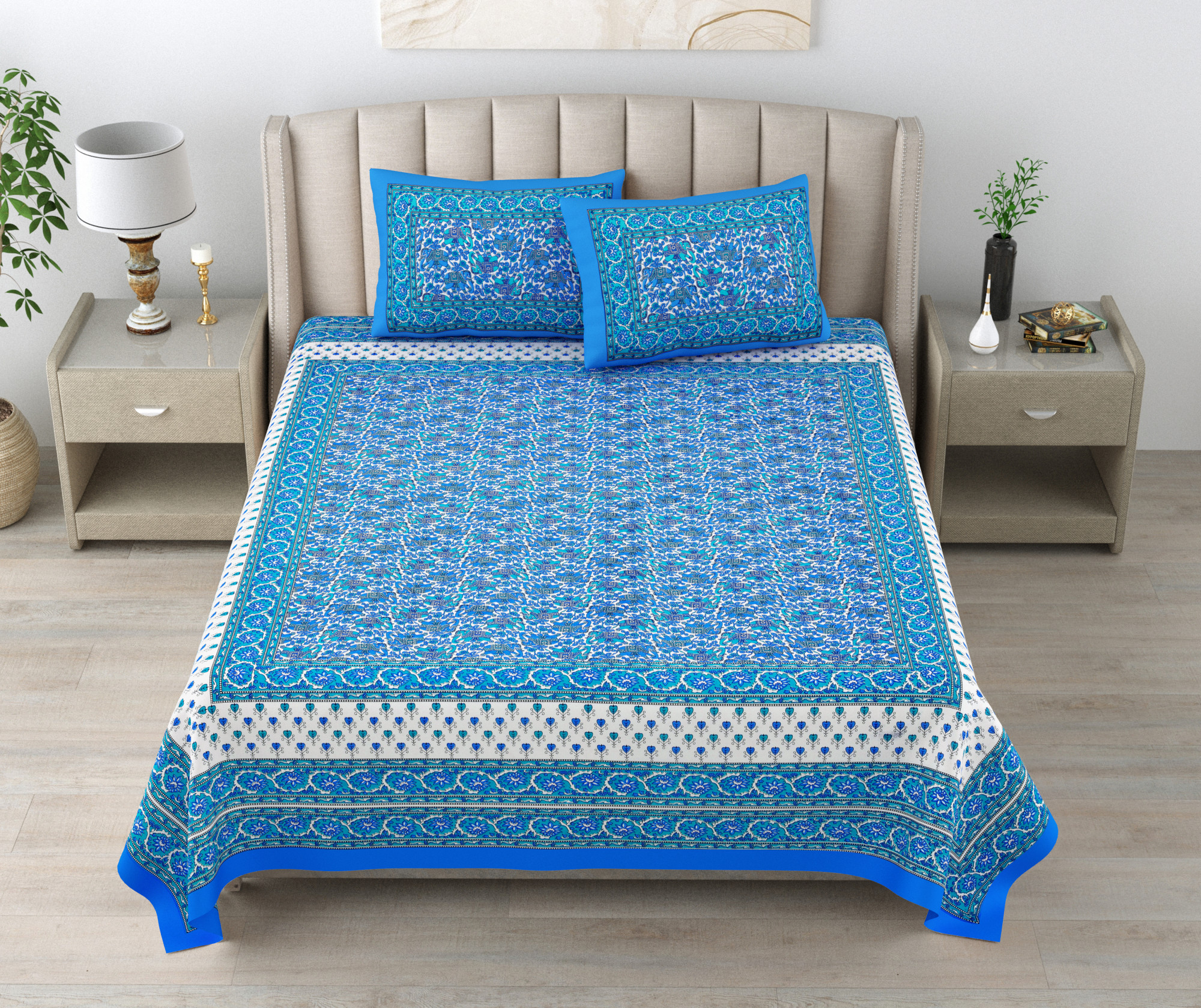 Blue Forest Majesty 100 Pure Cotton King-Size Bedsheet with 2 Pillow Covers