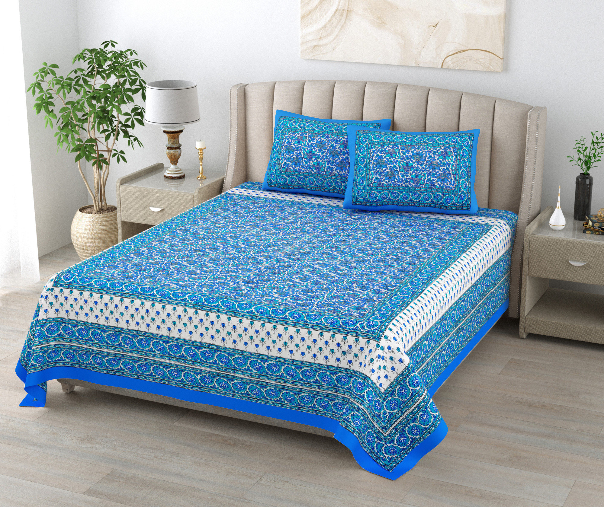 Blue Forest Majesty 100 Pure Cotton King-Size Bedsheet with 2 Pillow Covers