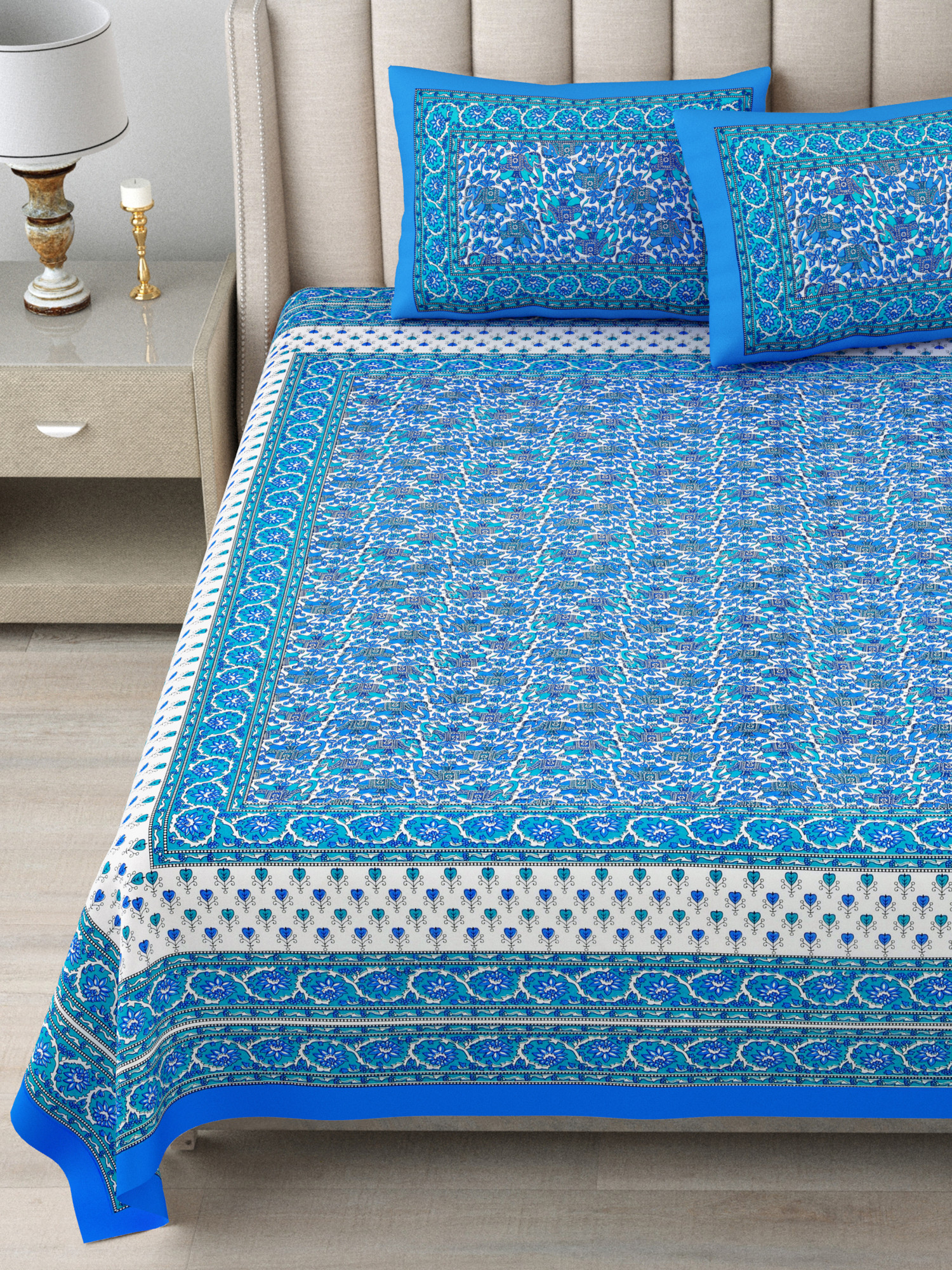 Blue Forest Majesty 100 Pure Cotton King-Size Bedsheet with 2 Pillow Covers