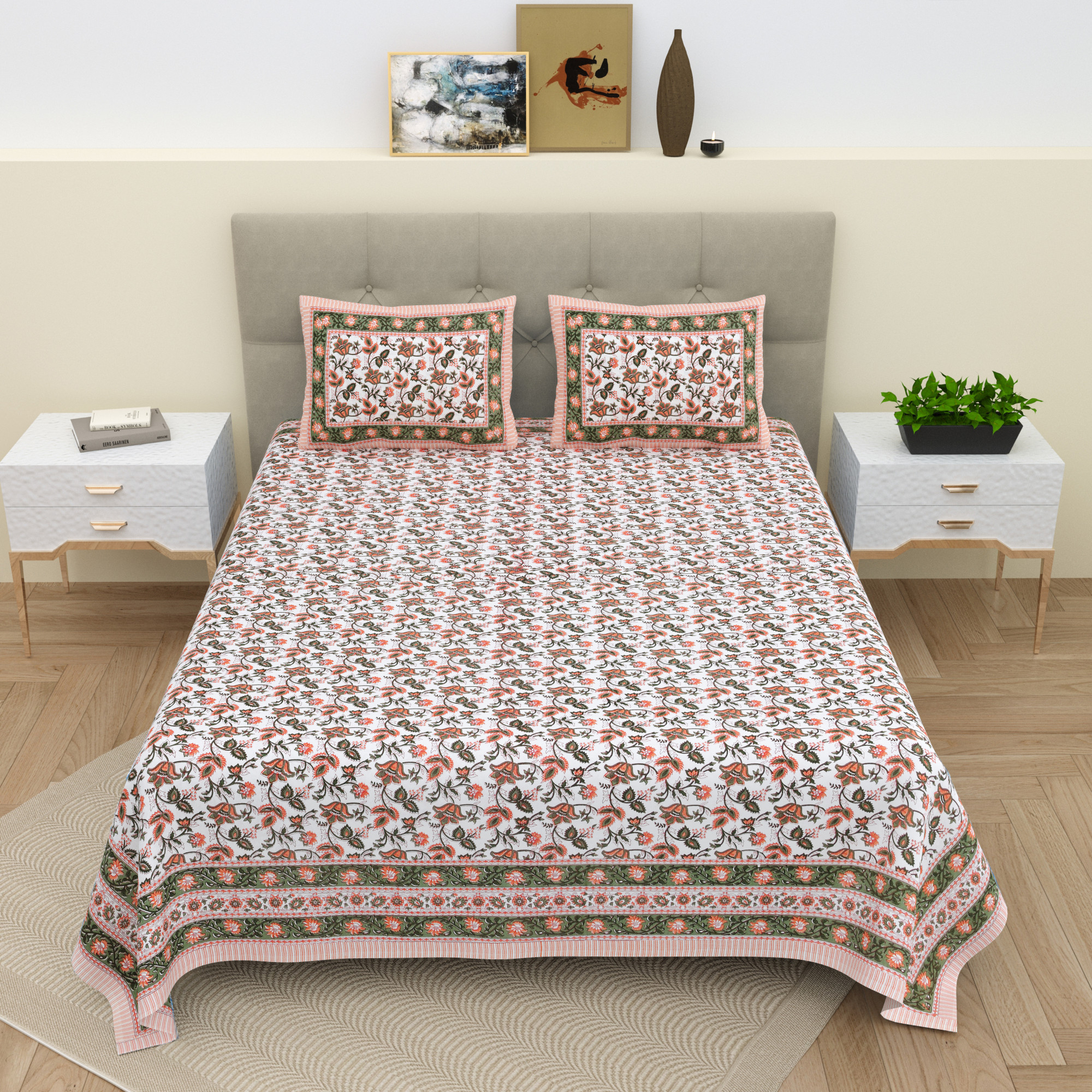 White Green Floral 210 Pure Cotton TC Double Bedsheet with 2 Pillow Covers