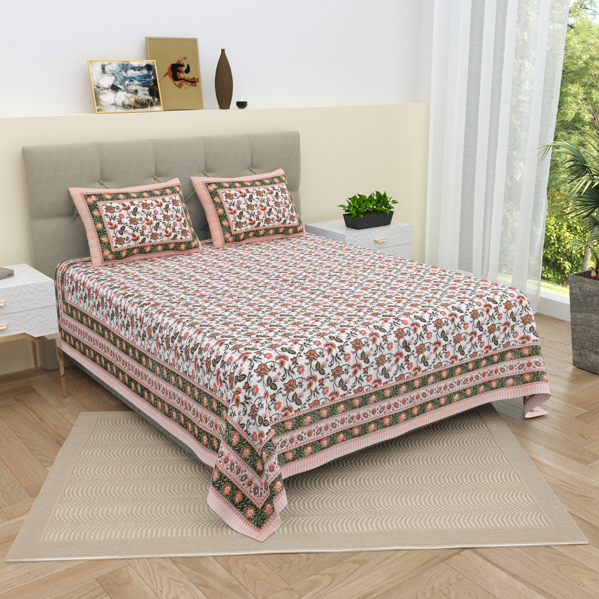 White Green Floral 210 Pure Cotton TC Double Bedsheet with 2 Pillow Covers