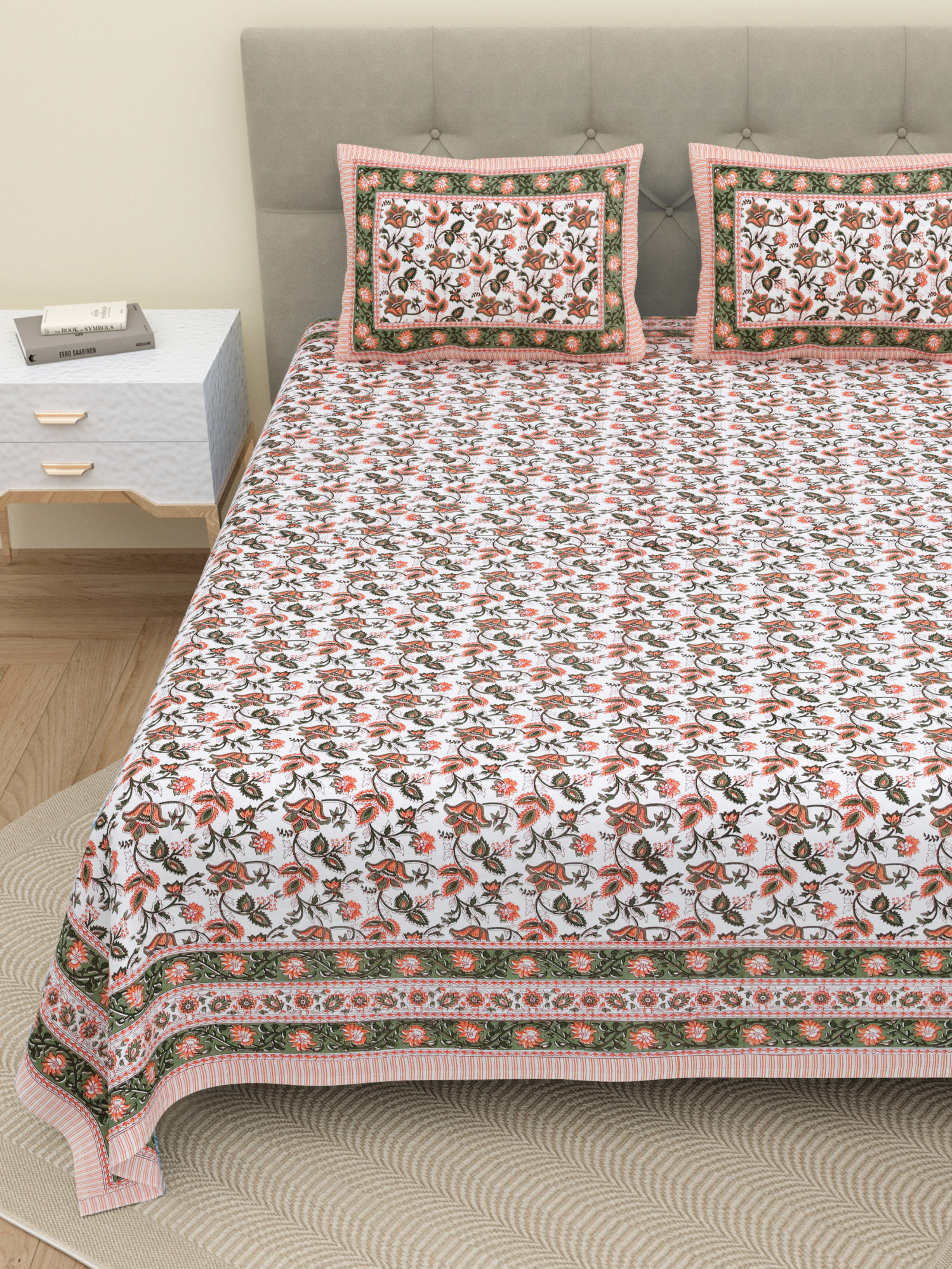 White Green Floral 210 Pure Cotton TC Double Bedsheet with 2 Pillow Covers