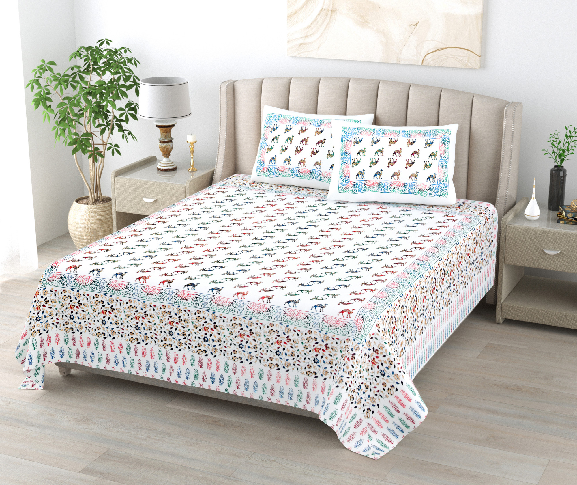 White Printed 240 TC Pure Cotton Double Bedsheet with 2 Pillow Covers