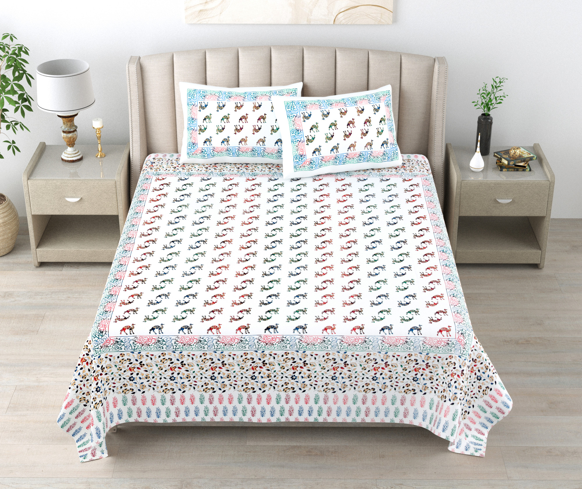 White Printed 240 TC Pure Cotton Double Bedsheet with 2 Pillow Covers