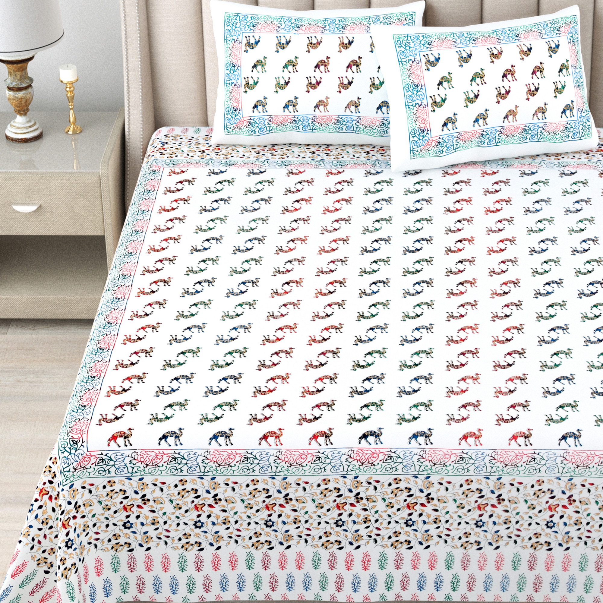 White Printed 240 TC Pure Cotton Double Bedsheet with 2 Pillow Covers