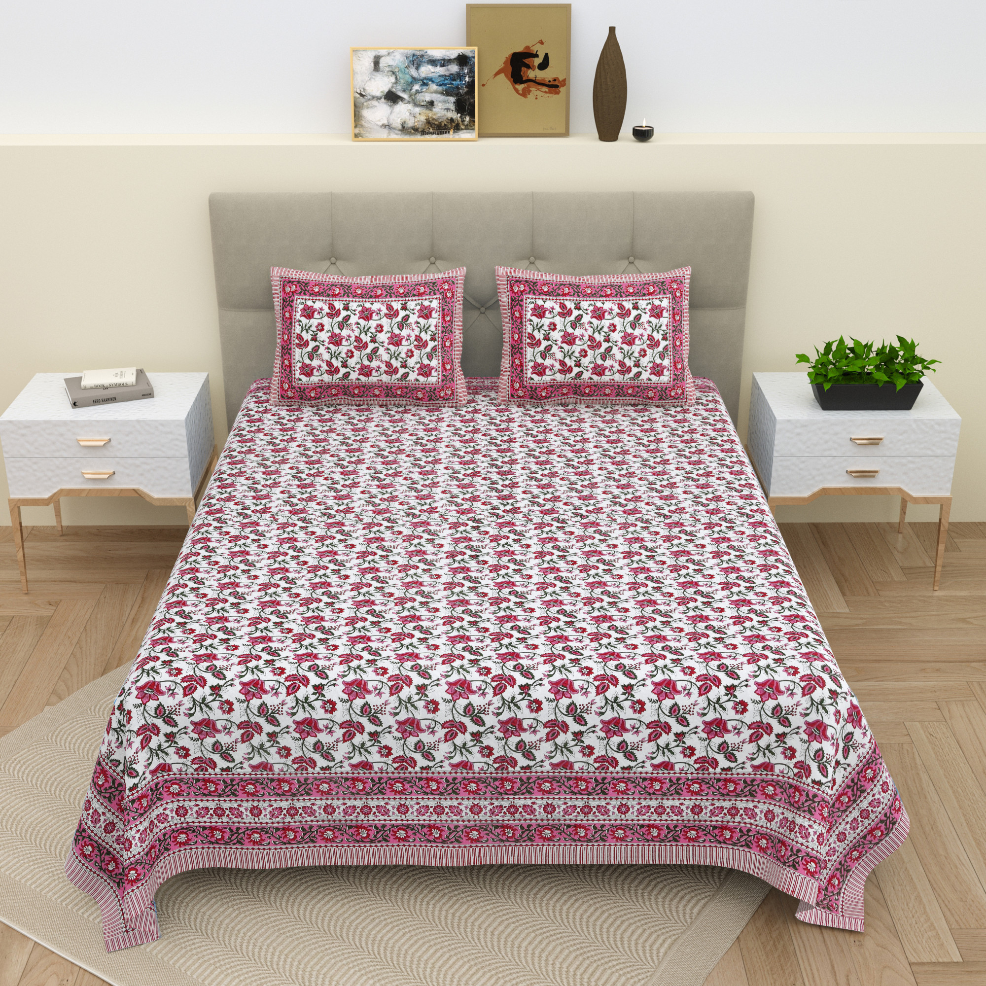 White Maroon Floral 210 TC Pure Cotton Double Bedsheet with 2 Pillow Covers